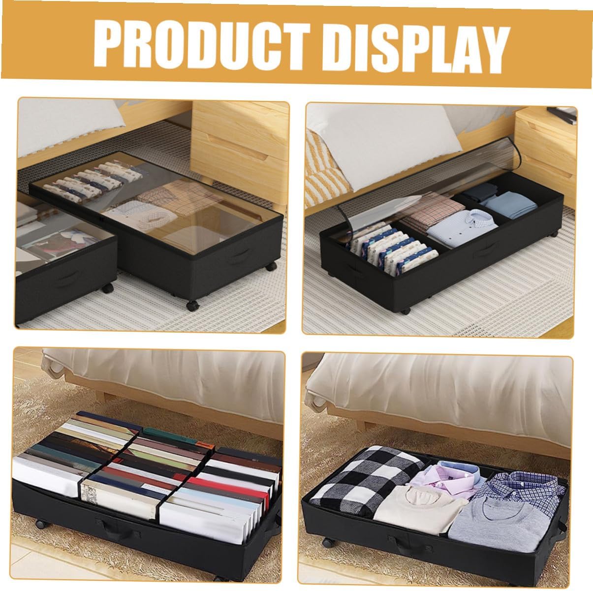 Bed Storage Container with Wheels, Large Capacity Oxford Cloth Clothing Organizer Bin with 3 Compartments, Dustproof Multipurpose Quilt and Storage for Bedroom Organization