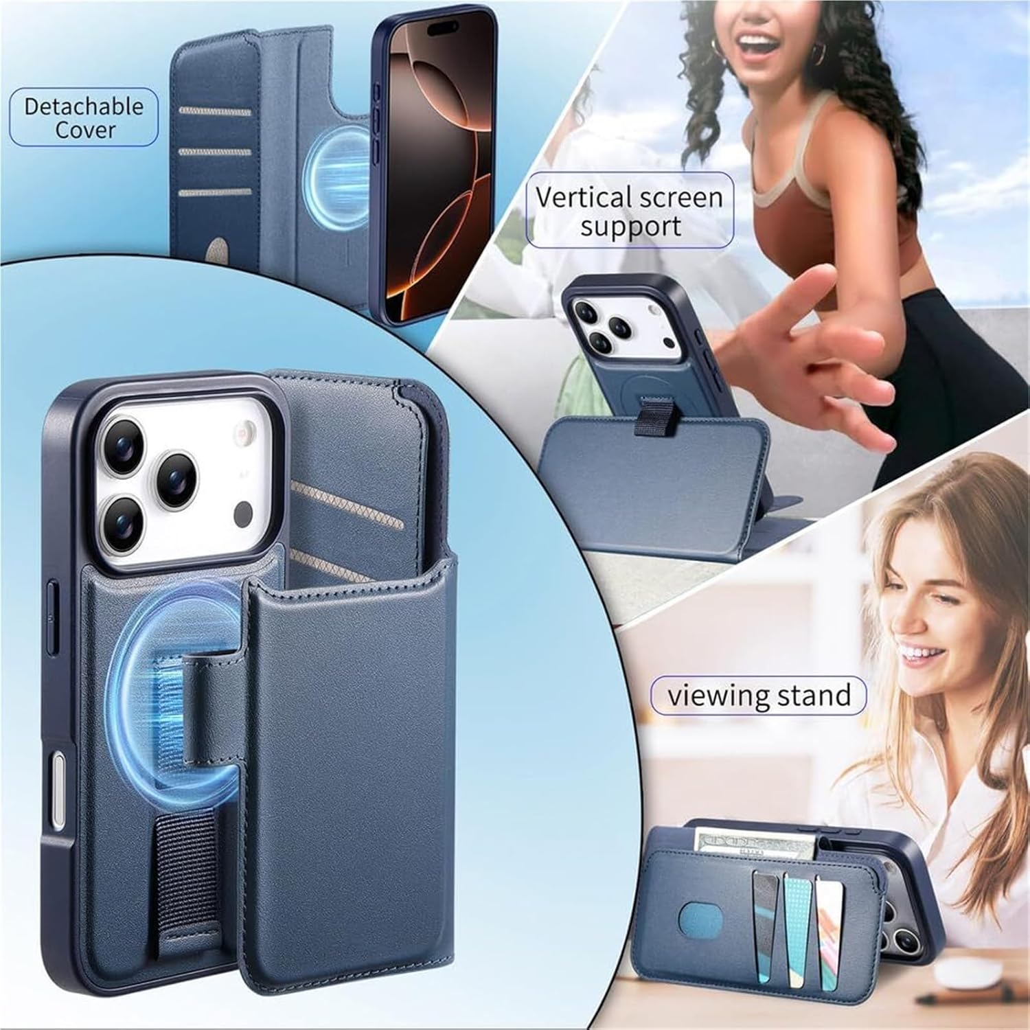 Leather Business Style Wallet Case for iPhone 17/17 Air/17 Pro/17 Pro Max, Magnetic Suction Detachable Slim Cover with Wireless Charging(Black,17 Pro)