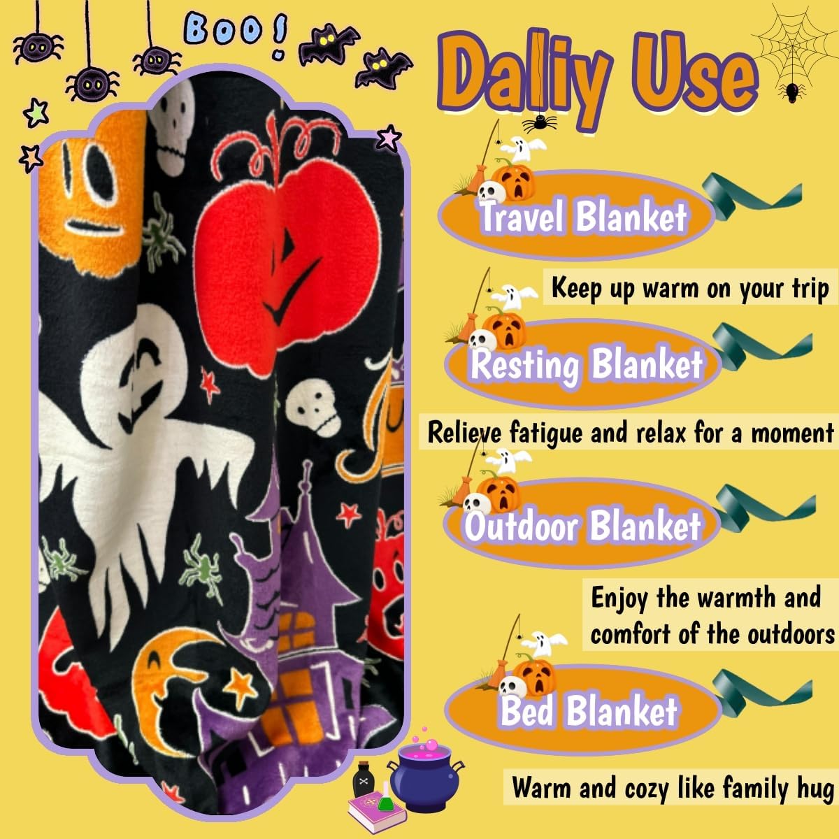 Cute Funny Halloween Blanket for Kids/Teens/Women/Men, Glow in The Dark Throw Blankets Soft Plush Fleece, Spooky Blanket for Boy/Girls/Toddler, Day Care Home Travel Use, 60"*50", Black - Image 3