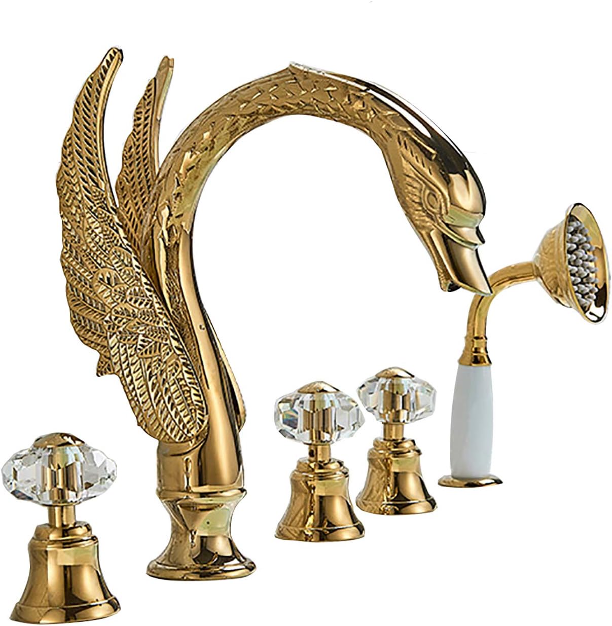 Tub Faucet Gold Swan Bathtub Faucet with Handheld Shower, Tub Filler Faucet Brass Deck Mounted Tub Tap 3 Handles 5 Hole Filler Mixer Tap with Cold and Hot Water