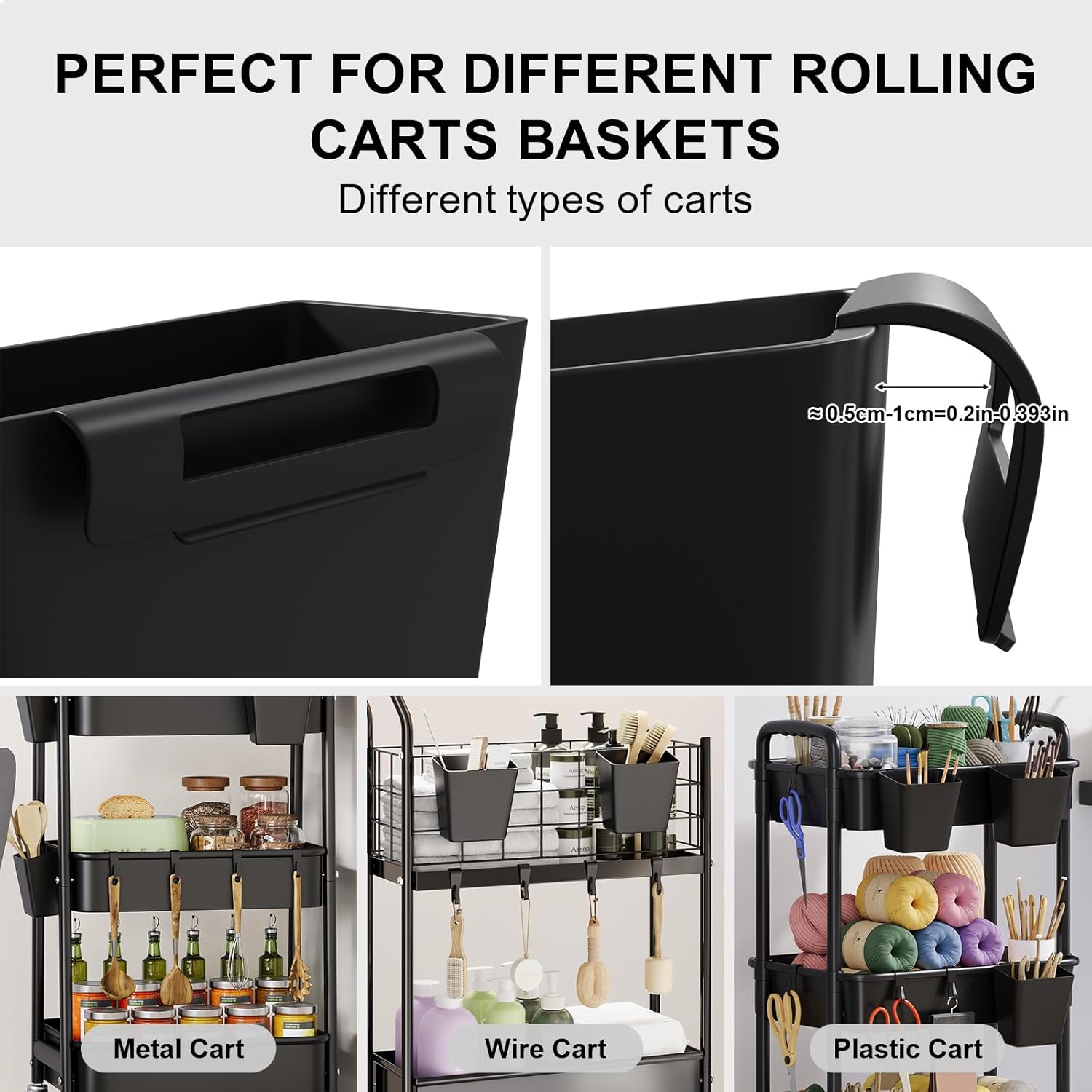 6 Pack Rolling Cart Accessories, Black Plastic Hanging Cup Holder for Utility Storage Carts Organizer, Rolling Carts Accessories with 6 Cup Holders and 6 Hooks for Art, Craft, Makeup - Image 6