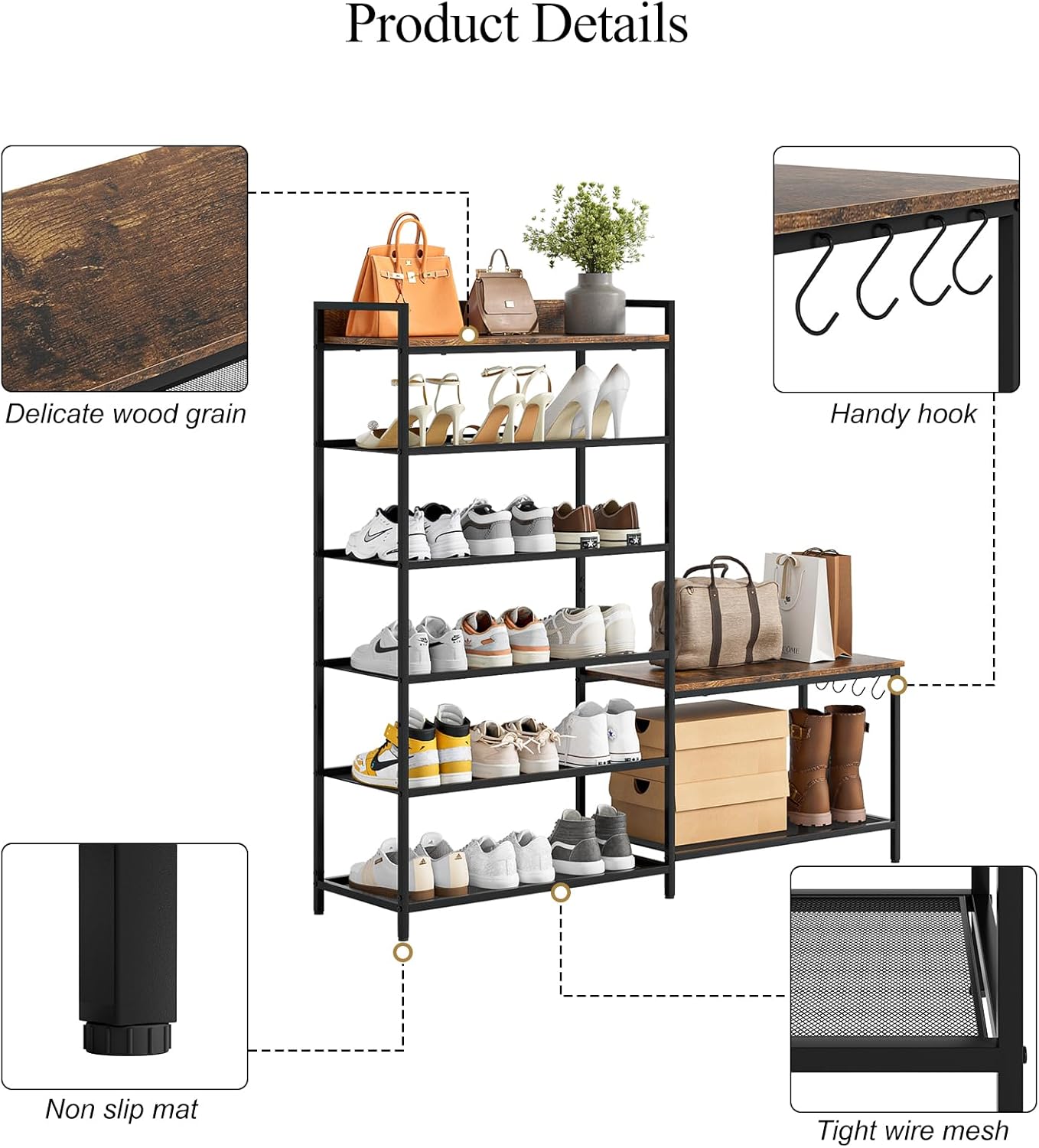 Shoe Rack Bench Storage Organizer for entryway,6-Tier Industrial Free Standing Shoe and Boot Racks with Seat,Entrance Shoe Rack Organizer Shelves for High Heels,Hallways, Closets,Brown,48.7in