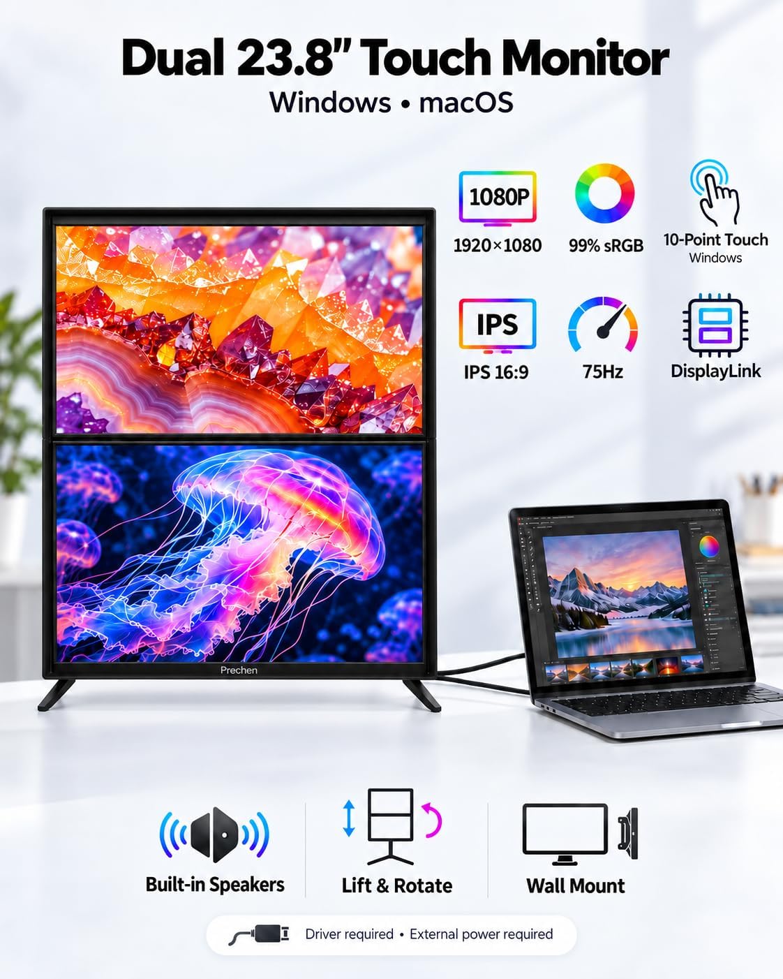 23.8 Inch Dual Stacked Touchscreen Monitor (2x23.8 Inch ) FHD IPS, 75Hz 65W USB-C Charging Computer Monitors 10 Point Touch, 99% sRGB, VESA USB-C/HDMI, Dual Touch Monitor for Laptop, Mac, Windows 5 71dGyMHscIL. AC SL1402