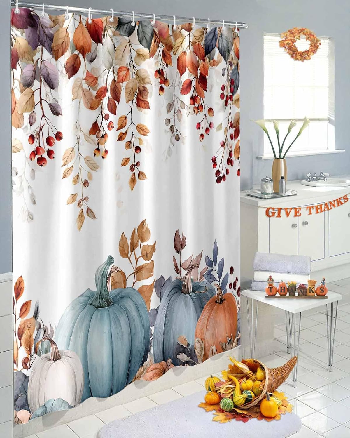 Blue Pumpkins Fall Shower Curtain Set - Waterproof Standard Shower Curtain 72 x 72 Inch, Thanksgiving Eucalyptus Leaves Autumn Polyester Fabric Bathroom Curtains with 12 Hooks, Bathroom Accessories