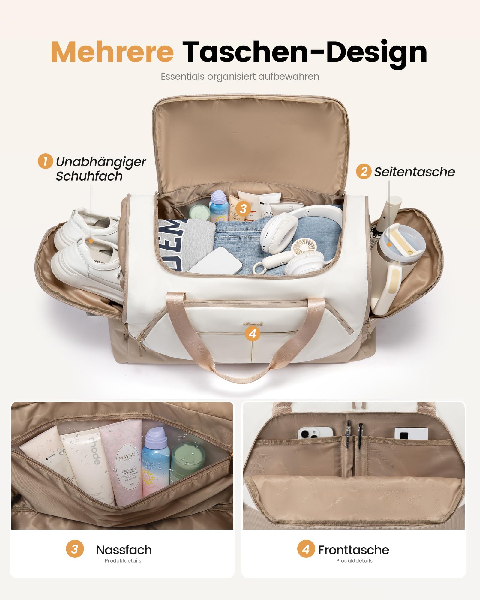 LOVEVOOK Sporttasche Damen 57L Reisetasche mit Schuhfach Nassfach Wasserdicht Gym Bag