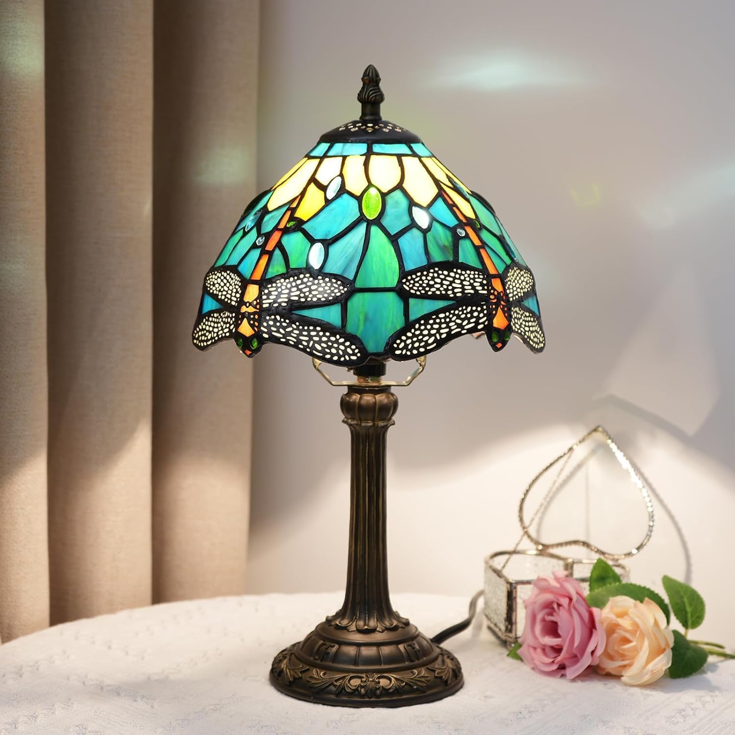 Tiffany Lamp Green Dragonfly Style Stained Glass Lamps Bedroom Bedside Table Lamps for Dorm Office Art Craft Antique Decor Accent Aesthetic Nightstand Retro Metal Reading Desk Lamps 8 inch
