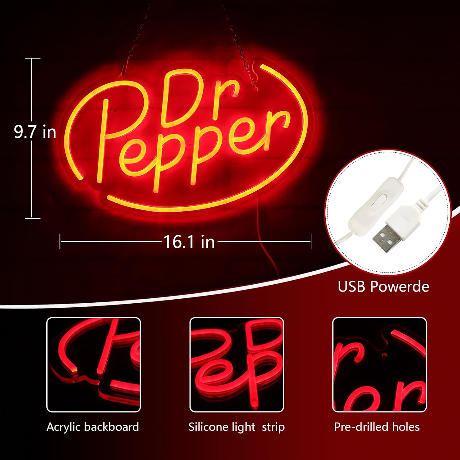 AHlove Neon Signs for Wall Decor，Neon Lights for Bedroom Led Business Signs Suitable for Drinks Shop、Man Cave、Christmas Gifts，16 * 10Inch(red)