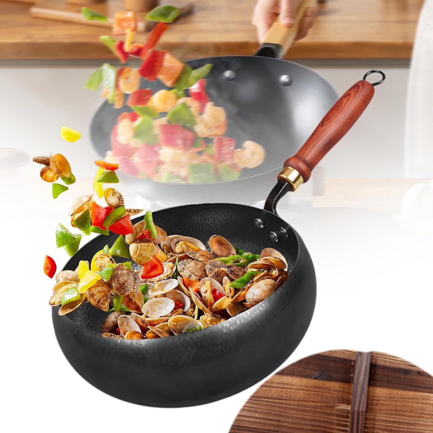 Iron Wok 9.45'' Multifunction Sturdy General Hand Hammered Cooking Pot Stir Fry Pan for Restaurant Camping Hotel Kitchen Home, with lid