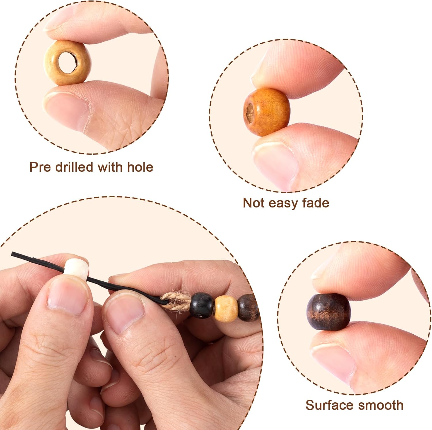 300pcs Large Hole Wooden Craft Beads, 5 Colors Natural Wood Beads for Hair, 9 x 10 mm Vintage Loose Spacer Round Jewelry DIY Beads for Macrame, Bracelets, Handmade Decor - Image 3