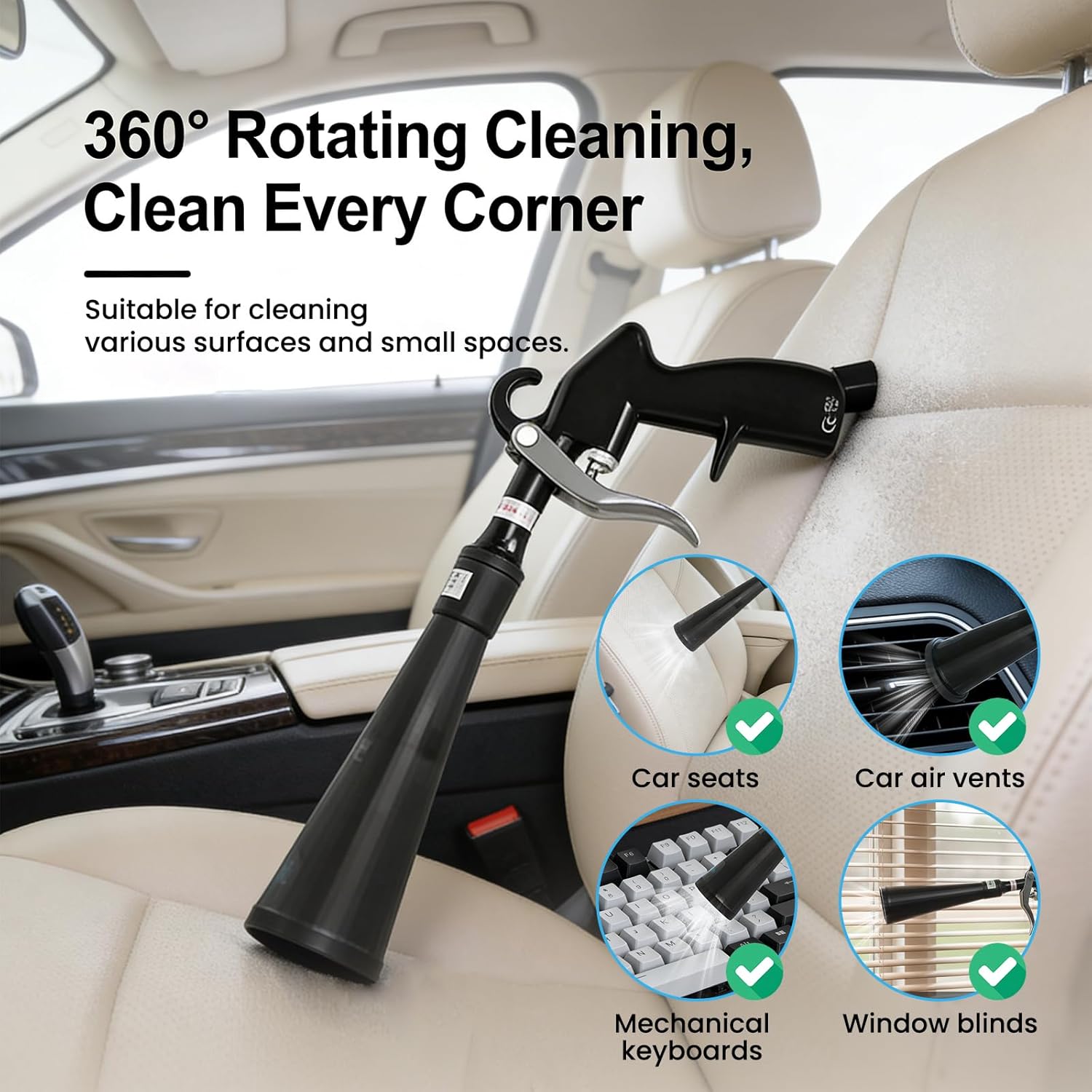SakerPlus Dry Cleaning Gun for Car Interior Cleaning, Air Compressor Detail Tool with Brush for Narrow Gaps, Copper Connector, 60 to 160 PSI (2 Upgrade Set Nozzle)