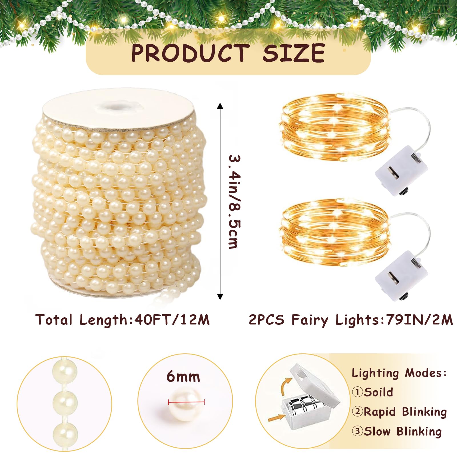 6mm/40ft String of Pearls with Fairy Lights, Pearl Garland String Pearl Strands Trim, Faux Pearl Beads Ribbon Decorations for Flowers Wedding Party Christmas Tree(Ivory)
