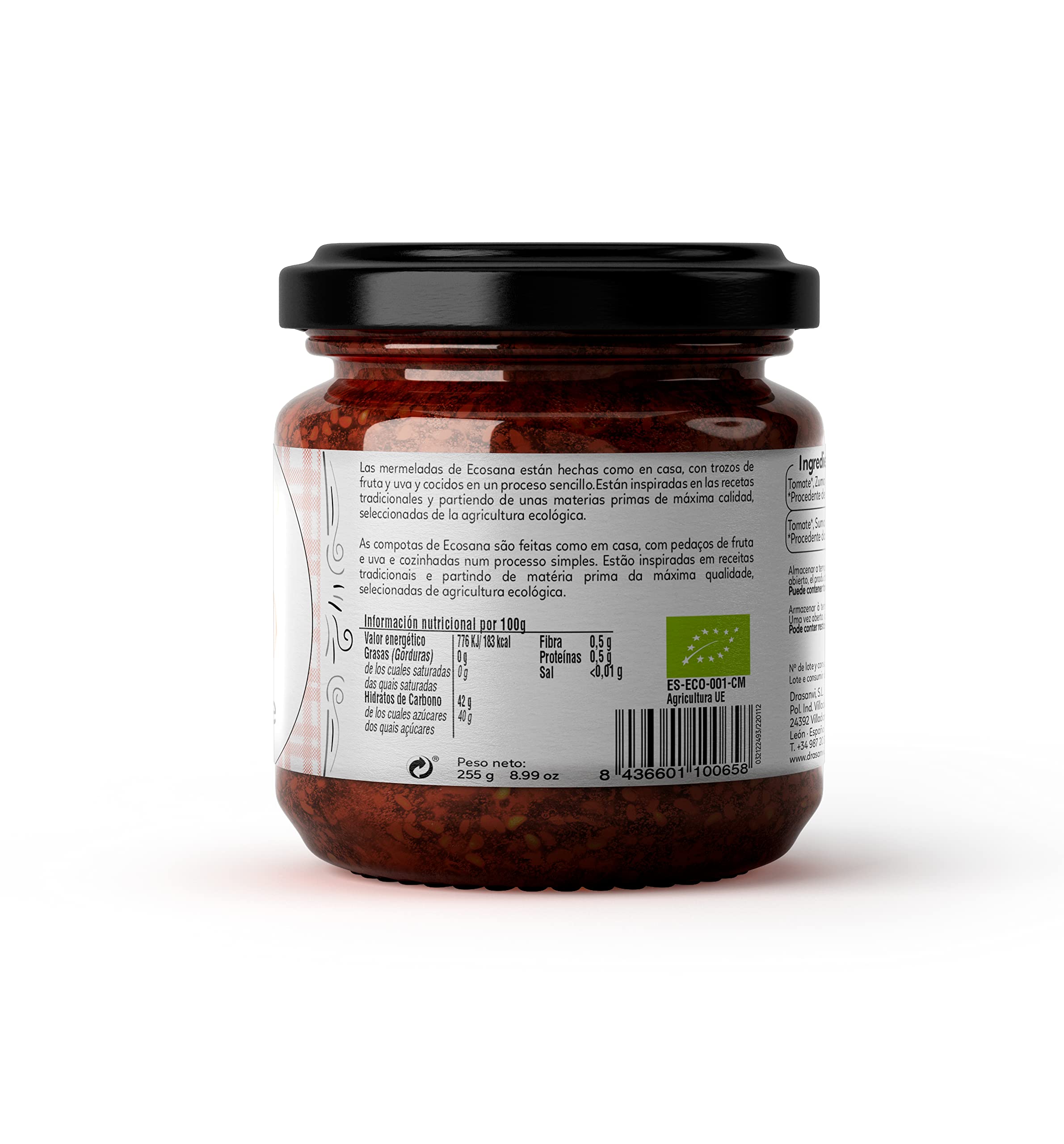 ECOSANA MERMELADA EXTRA TOMATE SIN AZÚCAR CERTIFICADO BIO by DRASANVI - VEGANO - SIN GLUTEN - 250g