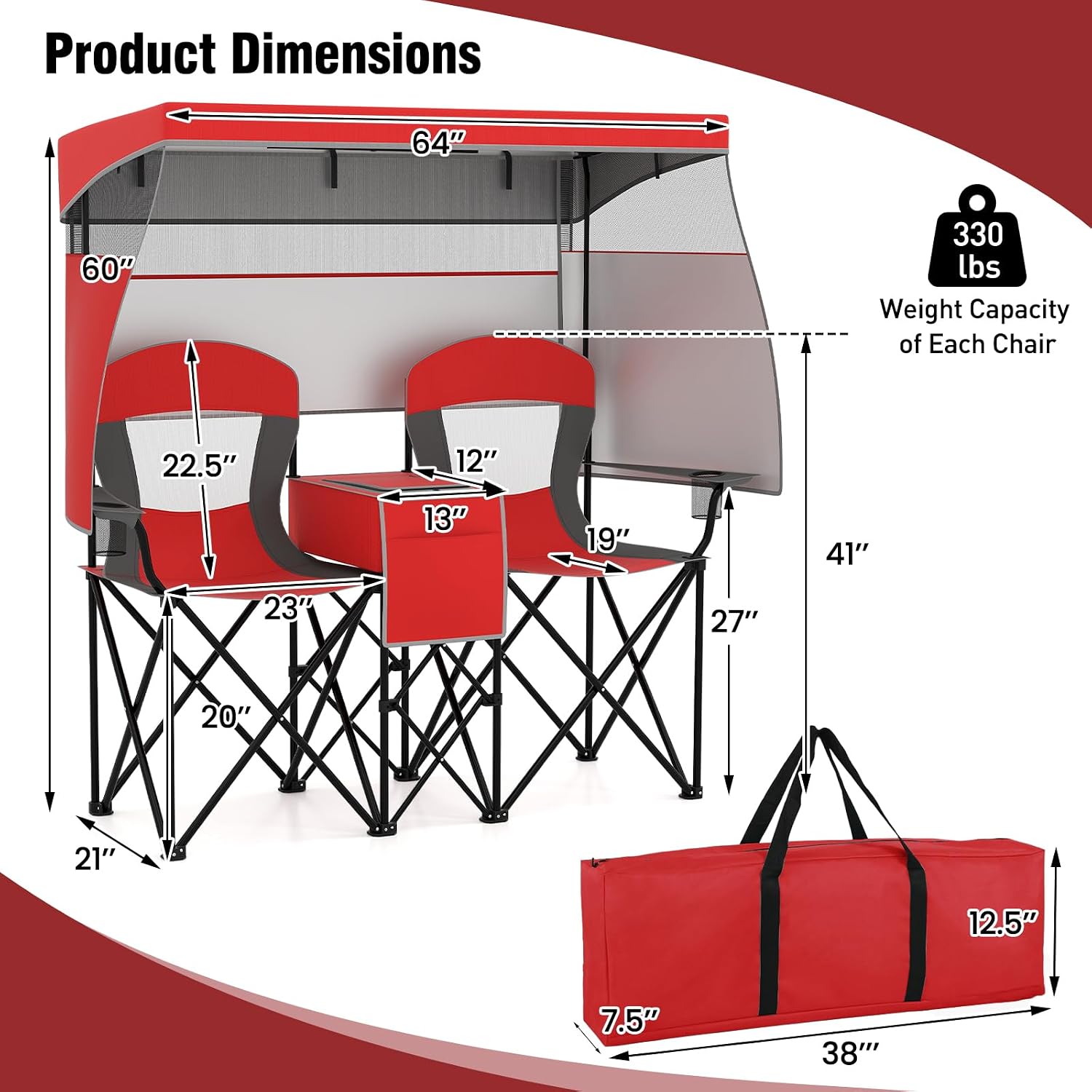 S AFSTAR Camping Chair with Canopy, 2-Person Folding Beach Chair with Cup Holders, 3-Side Shading Curtains & Cooler Bag, Foldable Loveseat Lawn Chair for Camping, Outdoor & Fishing (Red)