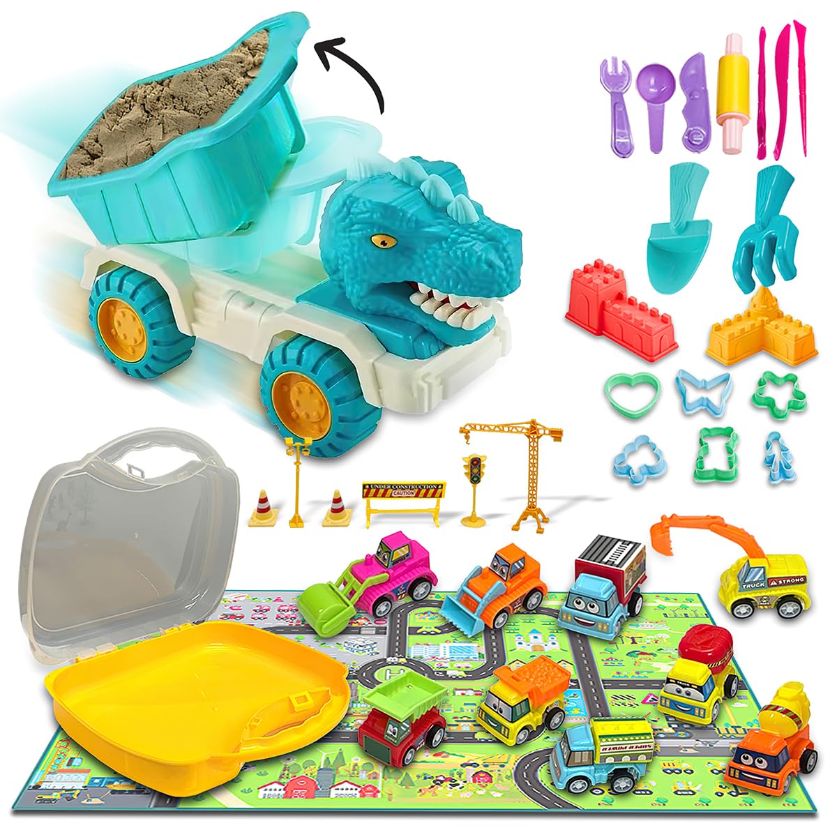 Koolbitz Creative Sand Play Set 36PCS Dino Dump Truck Set with Sand Molds, Tools, Play Mat, Vehicles and Accessories - Fun for Beach, Sandbox, or Indoor Play - Activity Toy for Kids Aged 3+