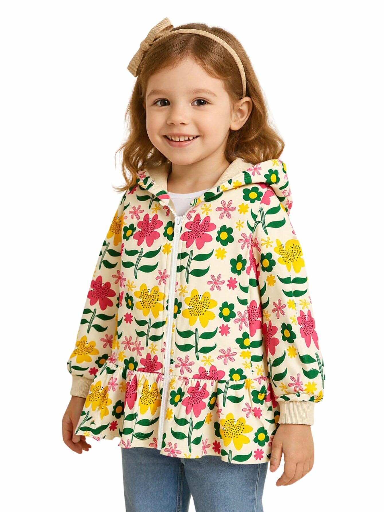 Toddler Girl Zip Up Hooded Sweatshirts Jacket With Ruffle Hem Cotton Lightweight Outwear