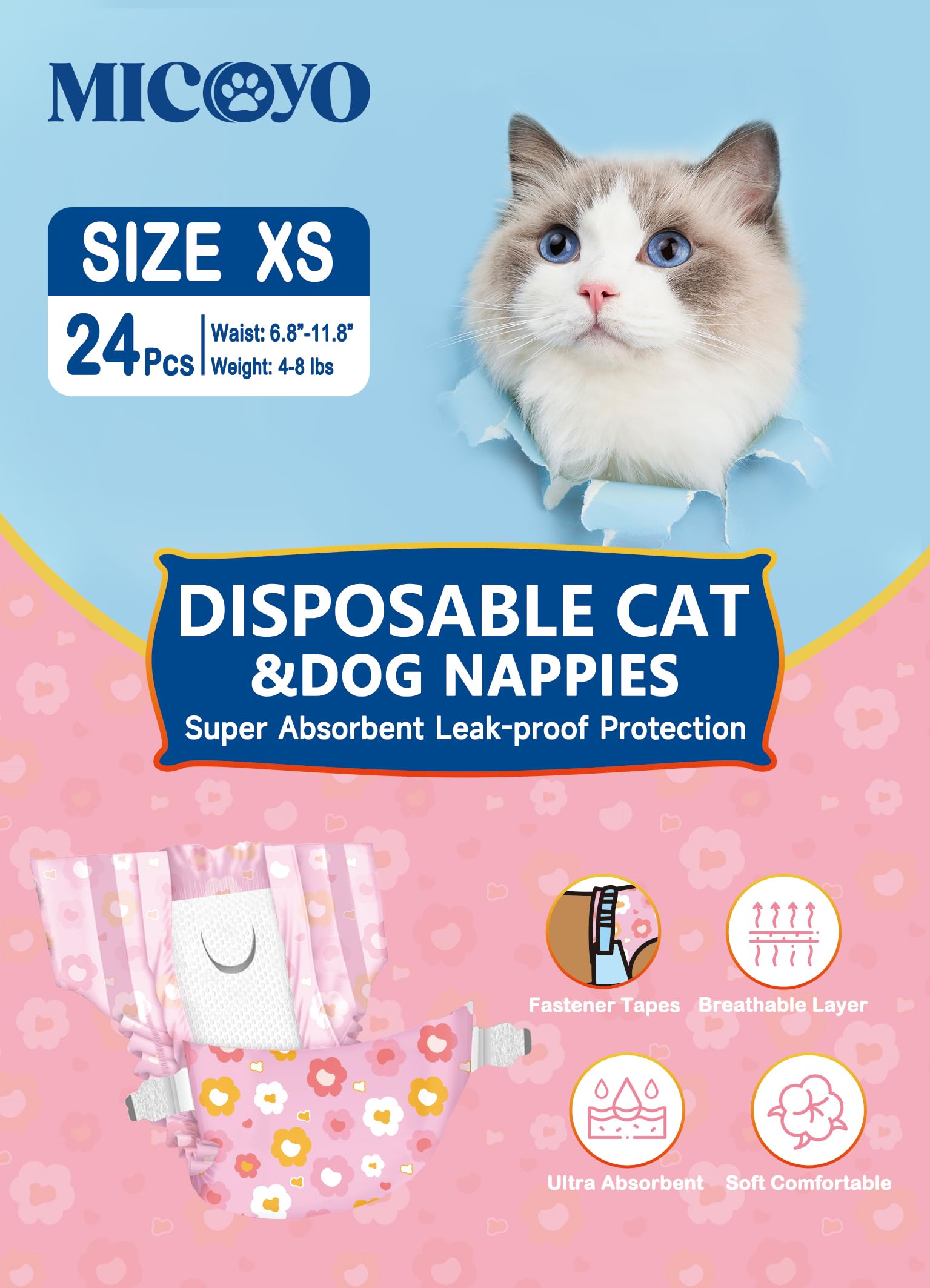 MICOOYO Cat Nappies Disposable, Super Absorbent Cat Diapers, Puppy Nappies Female, Adjustable Waist, Leak-Proof Diapers for Cats in Heat, Incontinence, 24 Pcs (Pink, XS) โ image 1