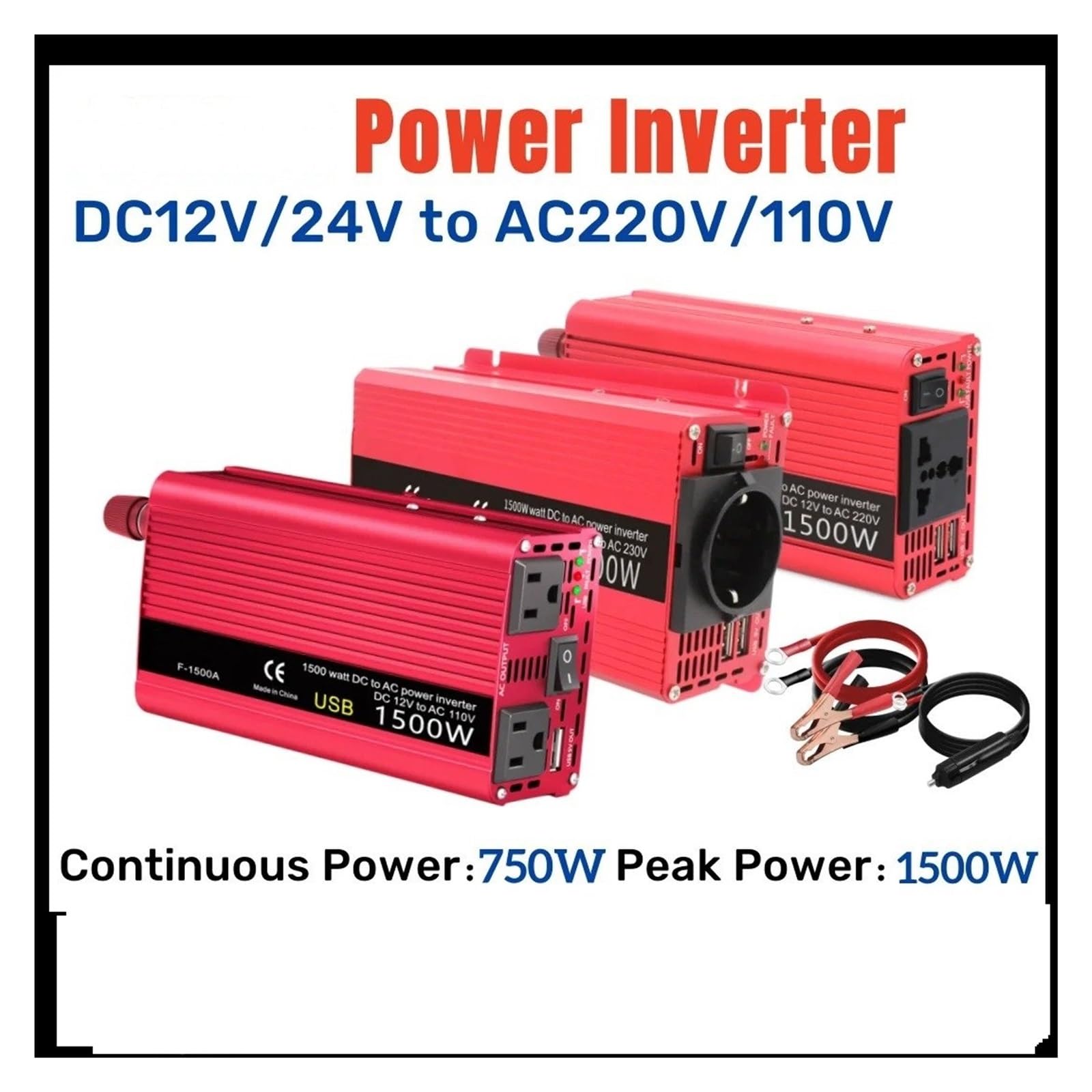 Convertidor Inversor Transformador Inversor De Energía Solar 1500 W Convertidor Adaptador Carga USB Dual CC 12 V/24 V A CA 110 V/220 V/230 V Enchufe Universal para EE UU UE(12V,EU Socket 220V)