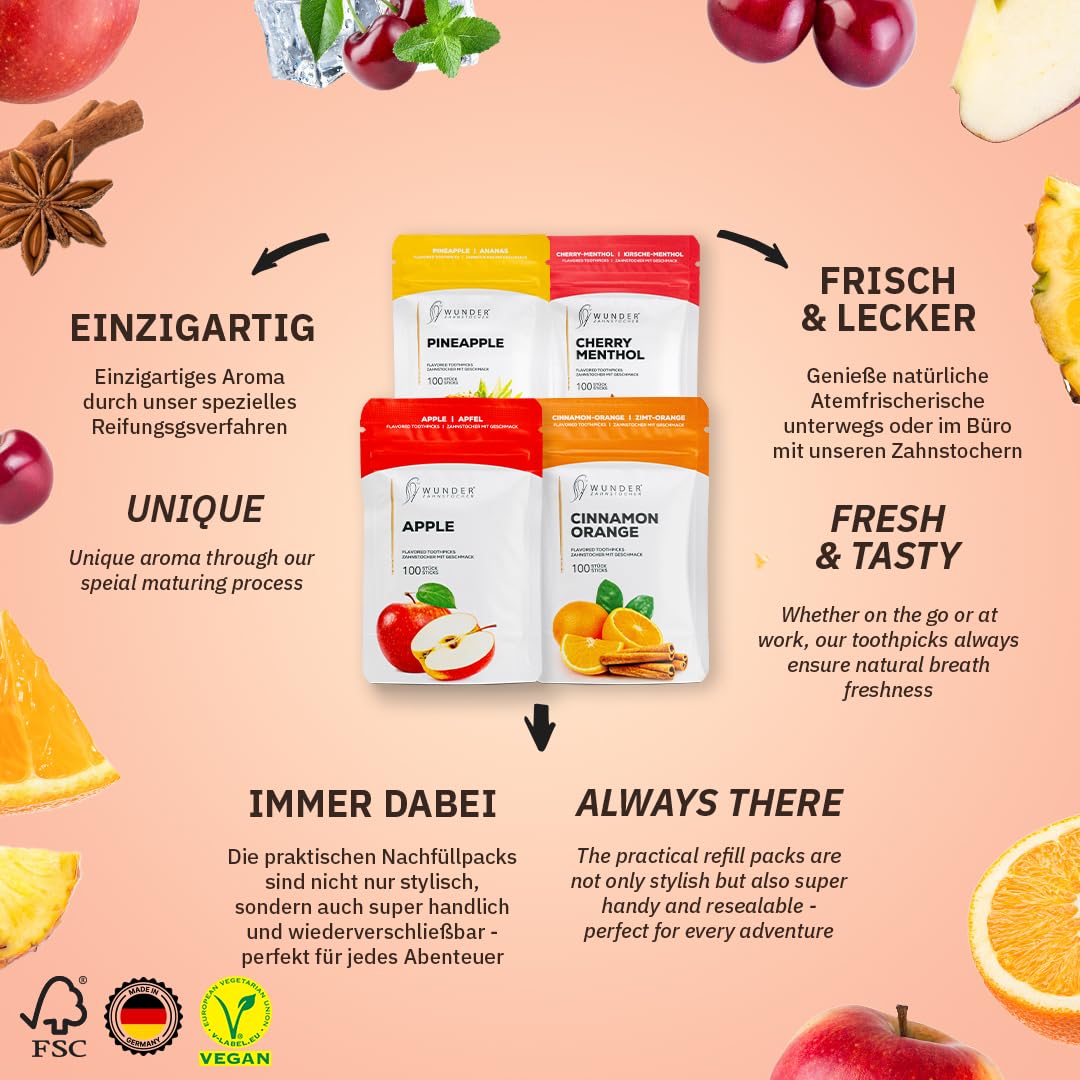 Wunder Stuzzicadenti Aromatizzati – Set di 4 Confezioni - 100 Stuzzicadenti per Confezione - 4 Gusti Diversi - Ideale per Rinfrescare l'Alito e Uso Quotidiano