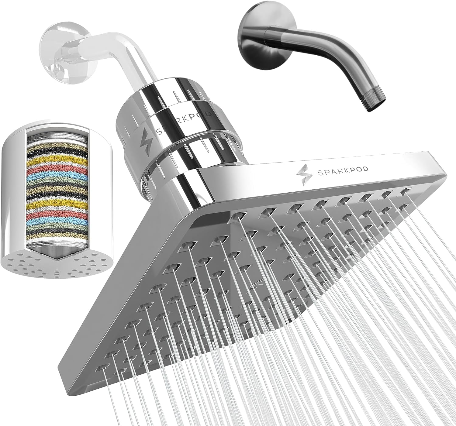 SparkPod Luxury Filtered Shower Head Set 23 Stage Shower Filter with Shower Arm - Removes Chlorine and Heavy Metals - High Pressure Showerhead Filter (8" Square, Luxury Polished Chrome)