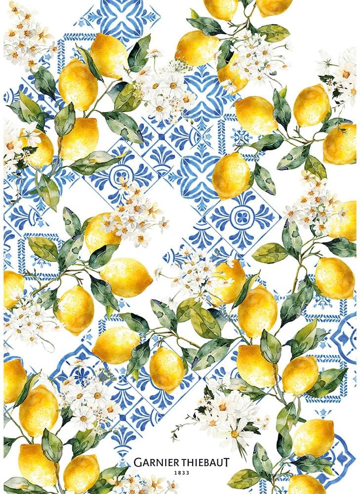 Garnier Thiebaut Citrons Azulejos Bleu Kitchen Towel 20"x28", Cotton-Linen, Printed