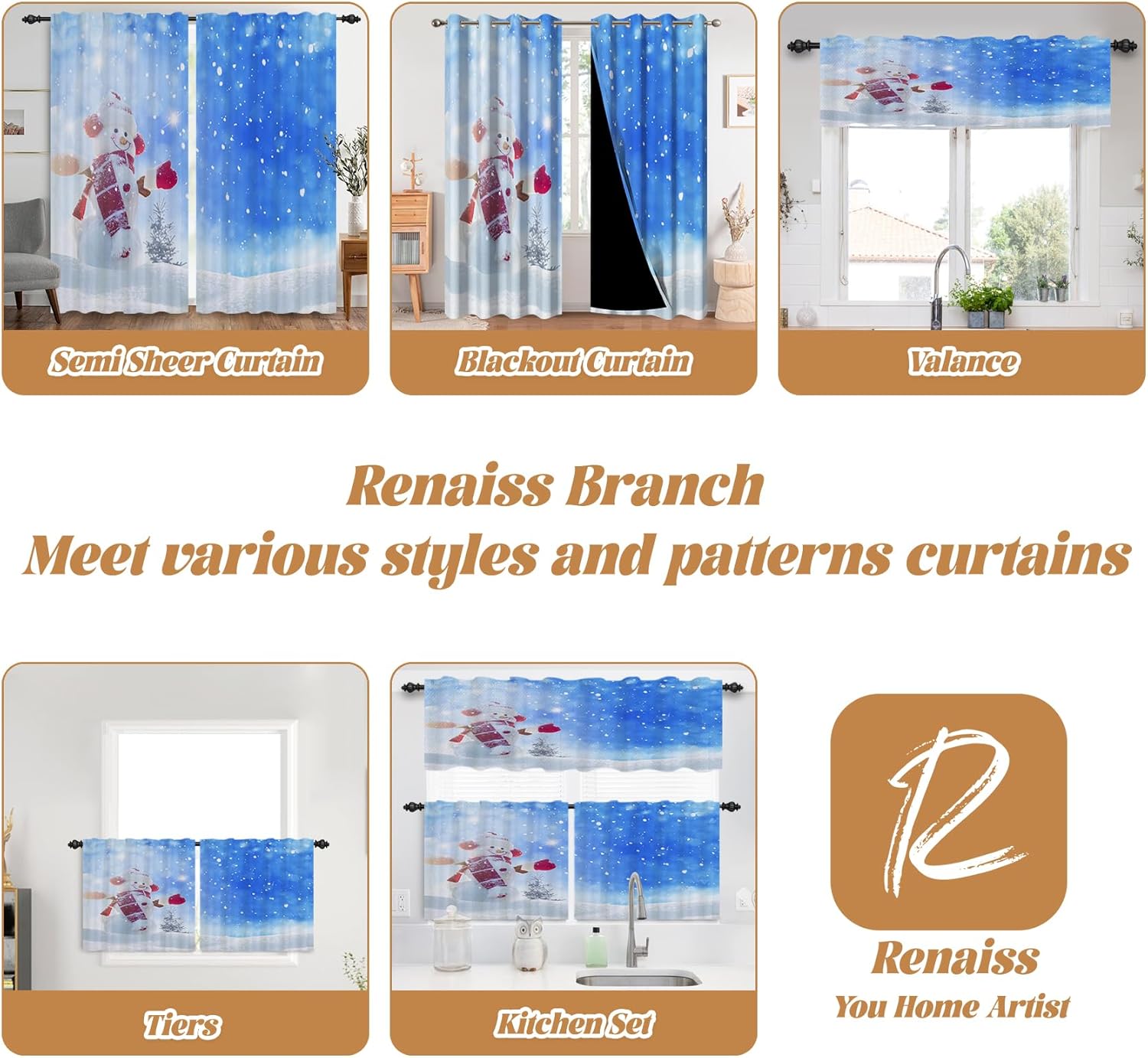Renaiss 42 x 108 Inch Winter Snowman Curtains Kids Bedroom Small Window Blue Sky Snowflakes Window Tiers Curtains Kitchen Cabinet Bathroom Privacy Light Filter Linen Drapes with Rod Pocket 2 Panels