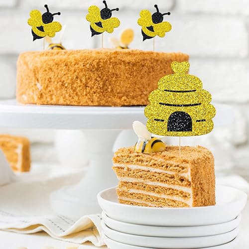 Miniatura 3 de Whaline 64 piezas de decoración para cupcakes de abeja brillante con palillos, punta de pegamento, color amarillo y negro con purpurina de abeja,