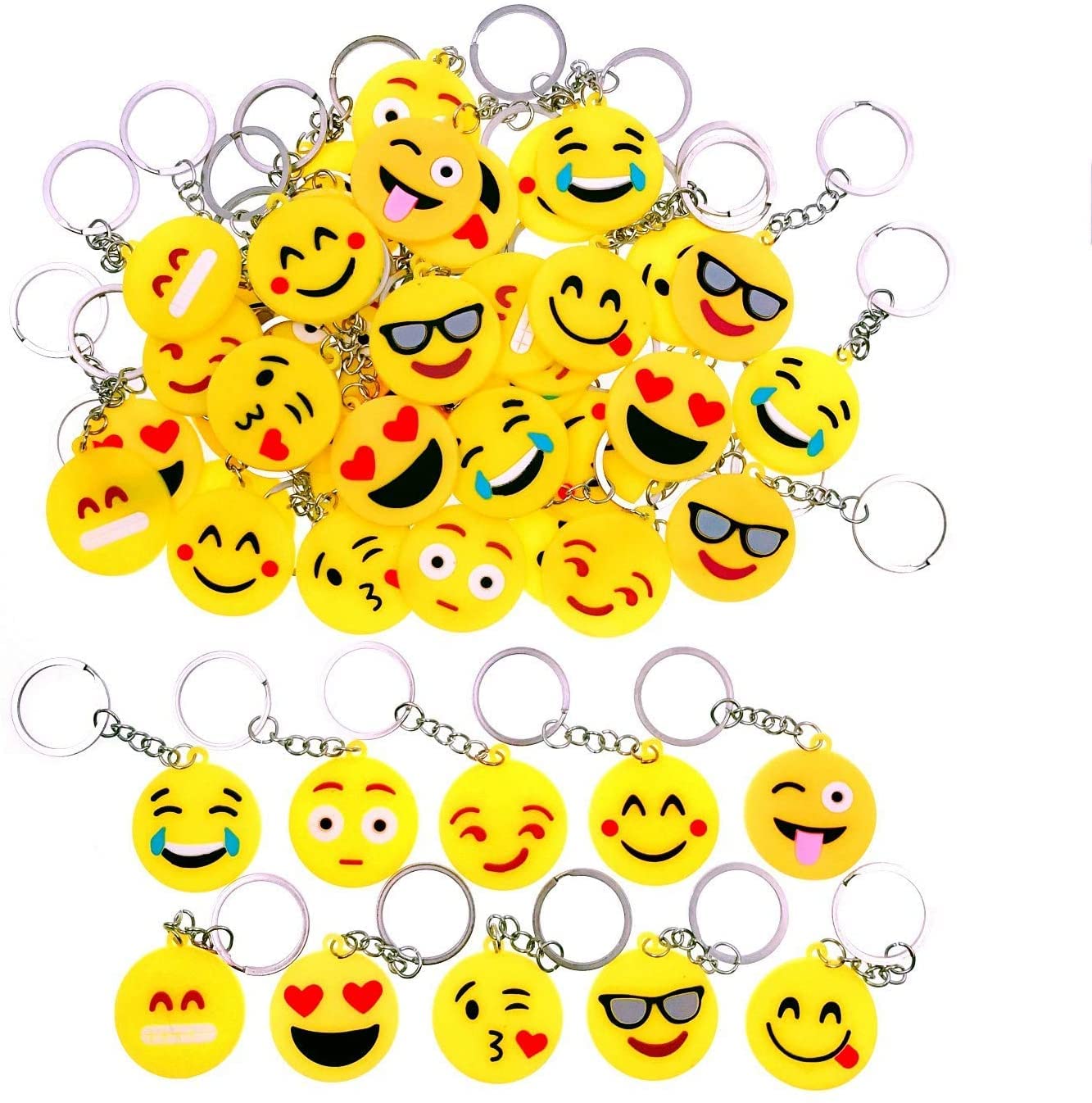 LATERNLATERN Pack of 100 Emoji Keychains, 10 Patterns Emoji Mini Key Fob Emoticon Key Ring Decoration for Children's Birthday Party Favours Party Bag Fillers (3.5 cm x 8.5 cm)