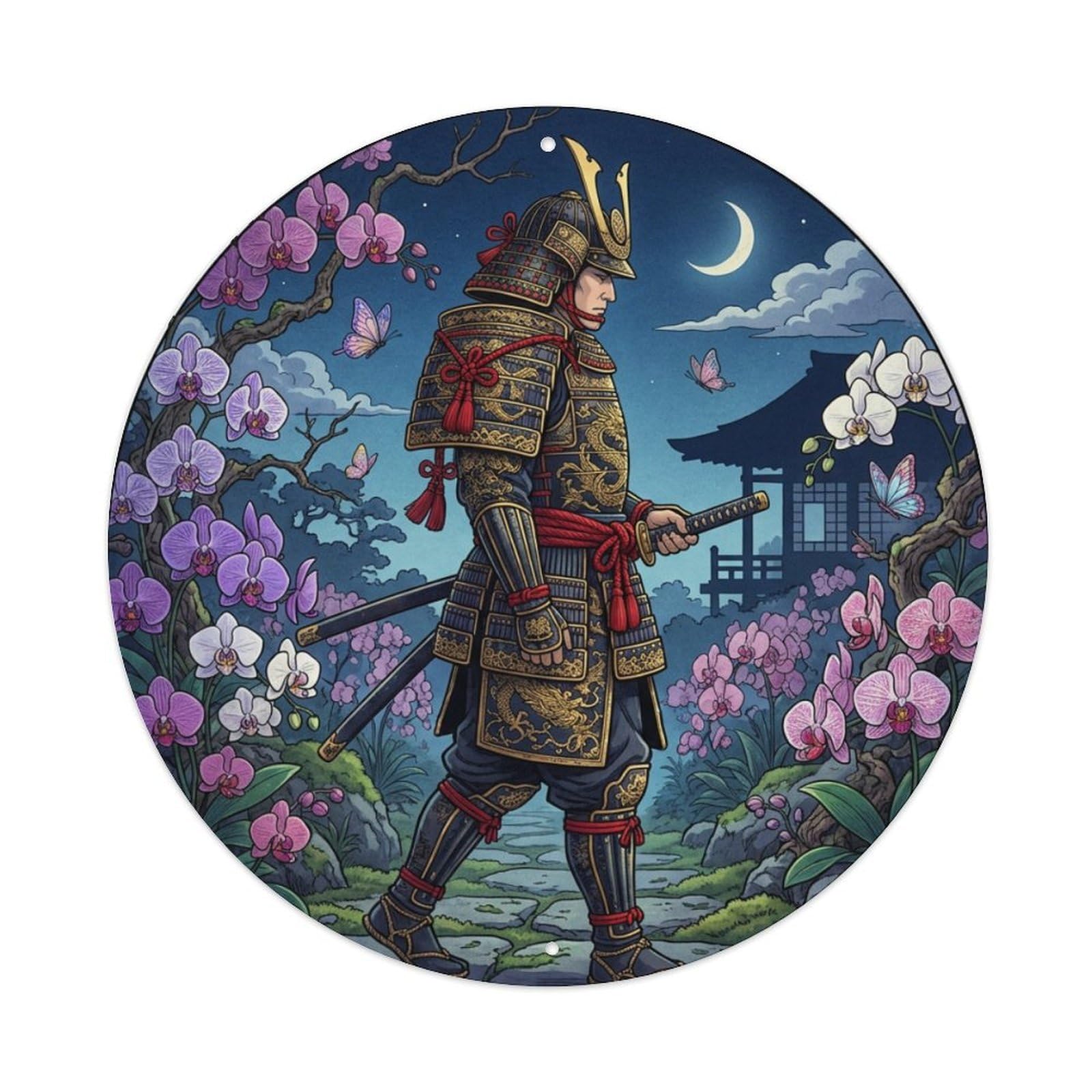 Cwbufd Vintage Style Samurai Warrior Armor Orchid Garden Crescent Feudal Vintage Metal Tin Sign Plaque Wall Decor For Cafe, Club Bar, Office, Garden Metal Poster 8X8inch
