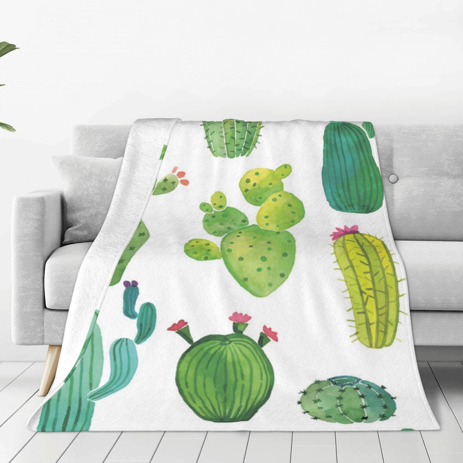 Couverture polaire flanelle douce motif cactus, une idée cadeau chaleureuse pour lit et maison