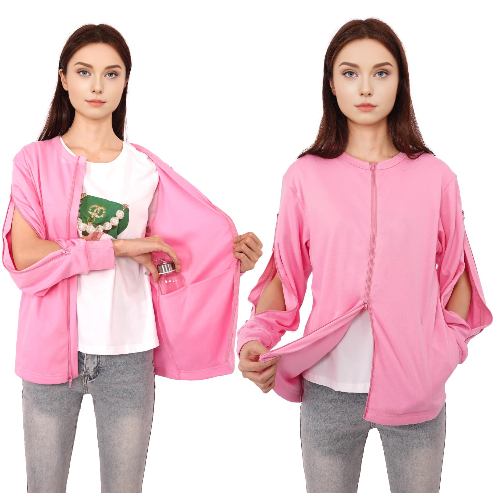 CEBIL Mastectomy Shirts with Drain Pockets & Dialysis Sweatshirts with Arm Zipper for Women, Clothing for Easy Port Access