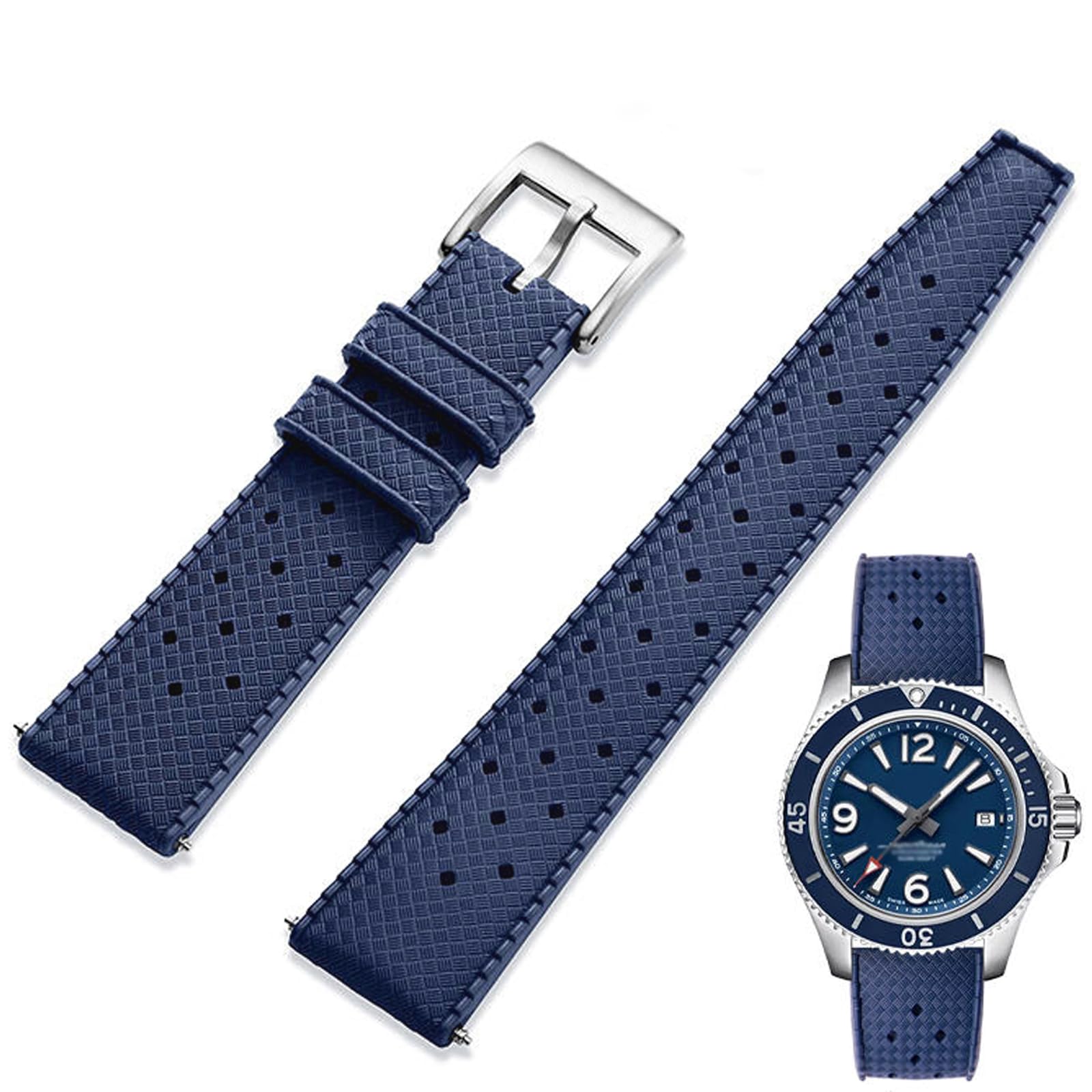 Fluororubber Watch Strap with Quick-Release Fastener, Tropical Style, Soft FKM Rubber Strap for Watches, Universal Replacement Strap, 18mm, 20mm, 22mm, Men and Women