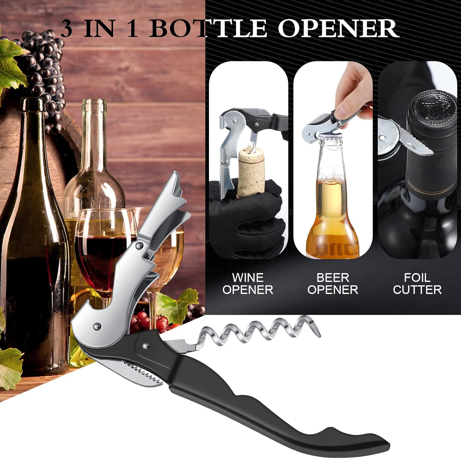 Waiter Corkscrew Wine Openers Heavy Duty Hinges Wine Key Bottle Opener All in One Double Hinged Waiter's Corkscrew with Foil Cutter Wine Tools for Bartenders Servers Sommelier (Black, 100 Pack) - Image 5