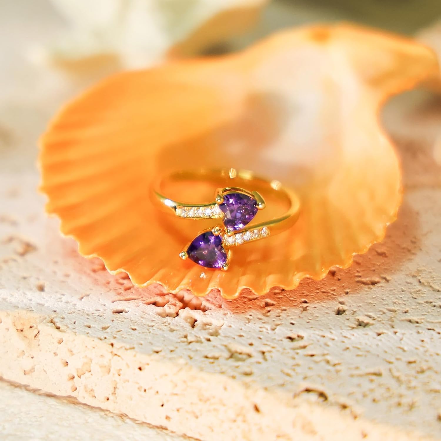 Adjustable Heart Promise Ring, 18K Gold Plated Birthstone Ring for Women Dainty CZ Gemstone Statement Band, Personalized Birthday Jewelry Gift, Adjustable (US Size 5-10) - Image 2