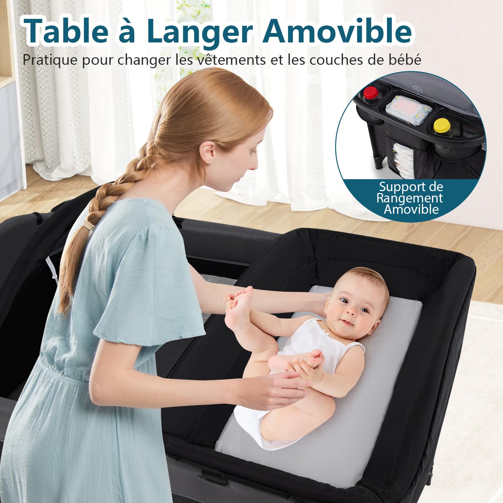 COSTWAY 5 en 1 Lit Parapluie Bébé avec Matelas Moustiquaire Table à Langer, Lit de Voyage Hauteurs Réglables, Charge Max 15kg 0-3 Ans