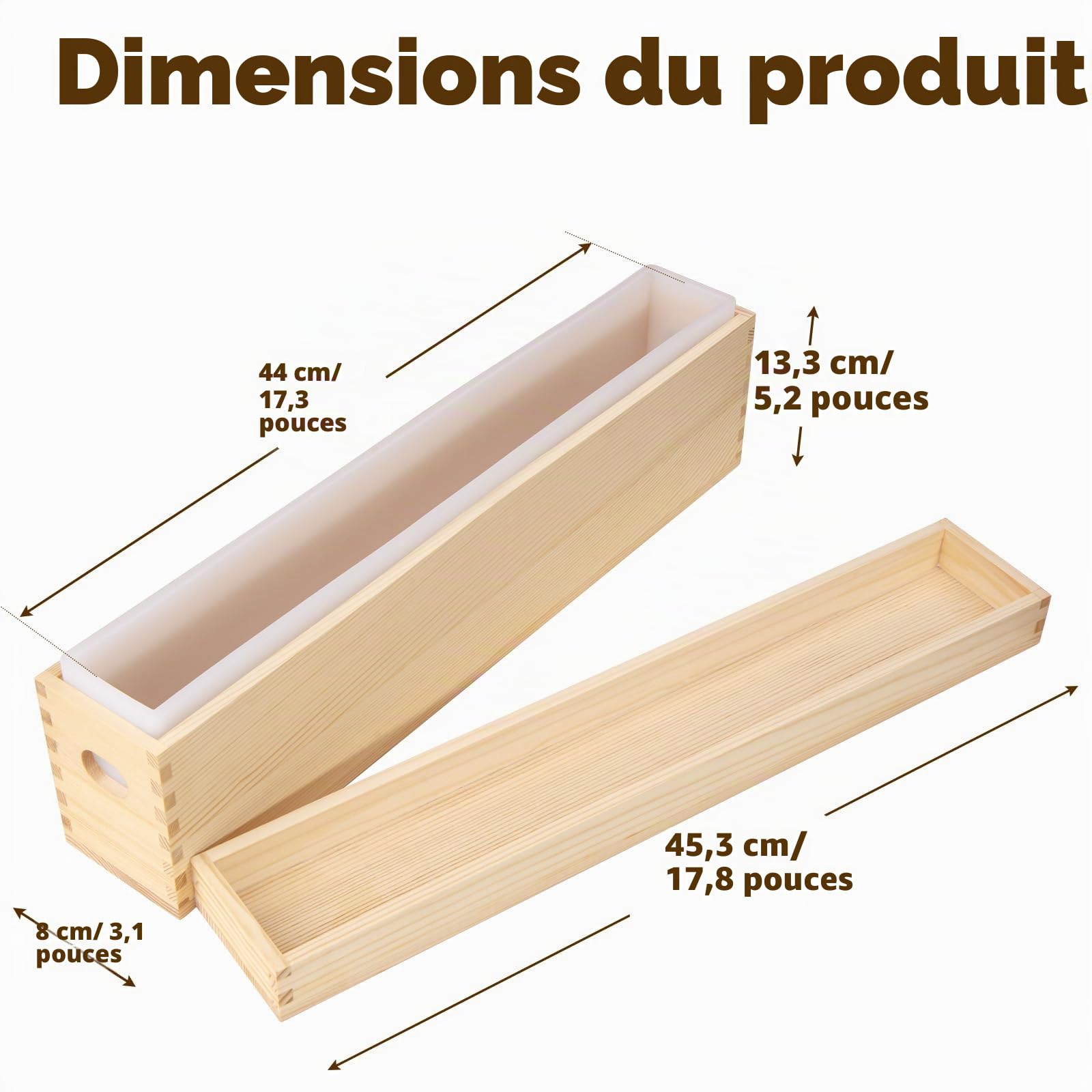 Moules à savon en silicone avec caisse en bois et couvercle, moules à savon rectangulaires pour la fabrication de savon (2,2 l, longs et étroits)