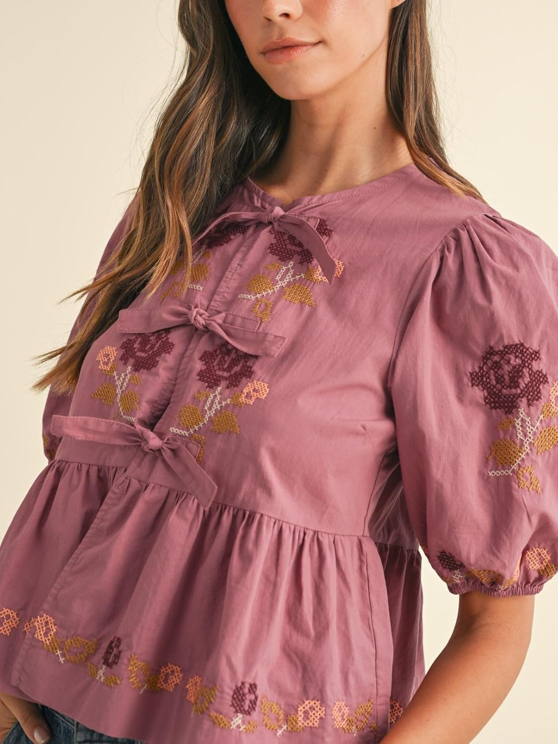 Womens Short Puff Sleeve Floral Embroidery Poplin Front Self Tie Detail Peplum Top Blouse - Image 4