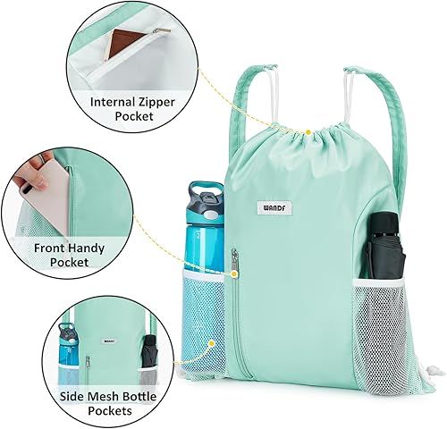 Miniatura 3 de WANDF Mochila con cordón y almohadilla para el hombro, mochila deportiva de gimnasio con bolsillo de malla para mujeres y hombres (verde menta)