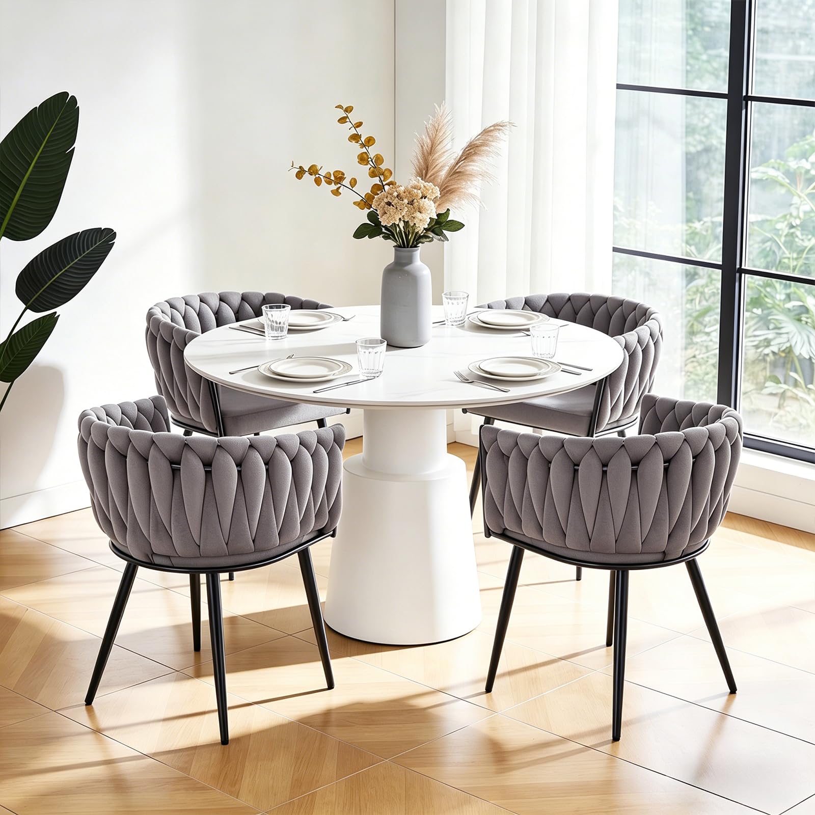 Set di 4 Sedie da Pranzo in Velluto con Schienale,Grigio Chiaro