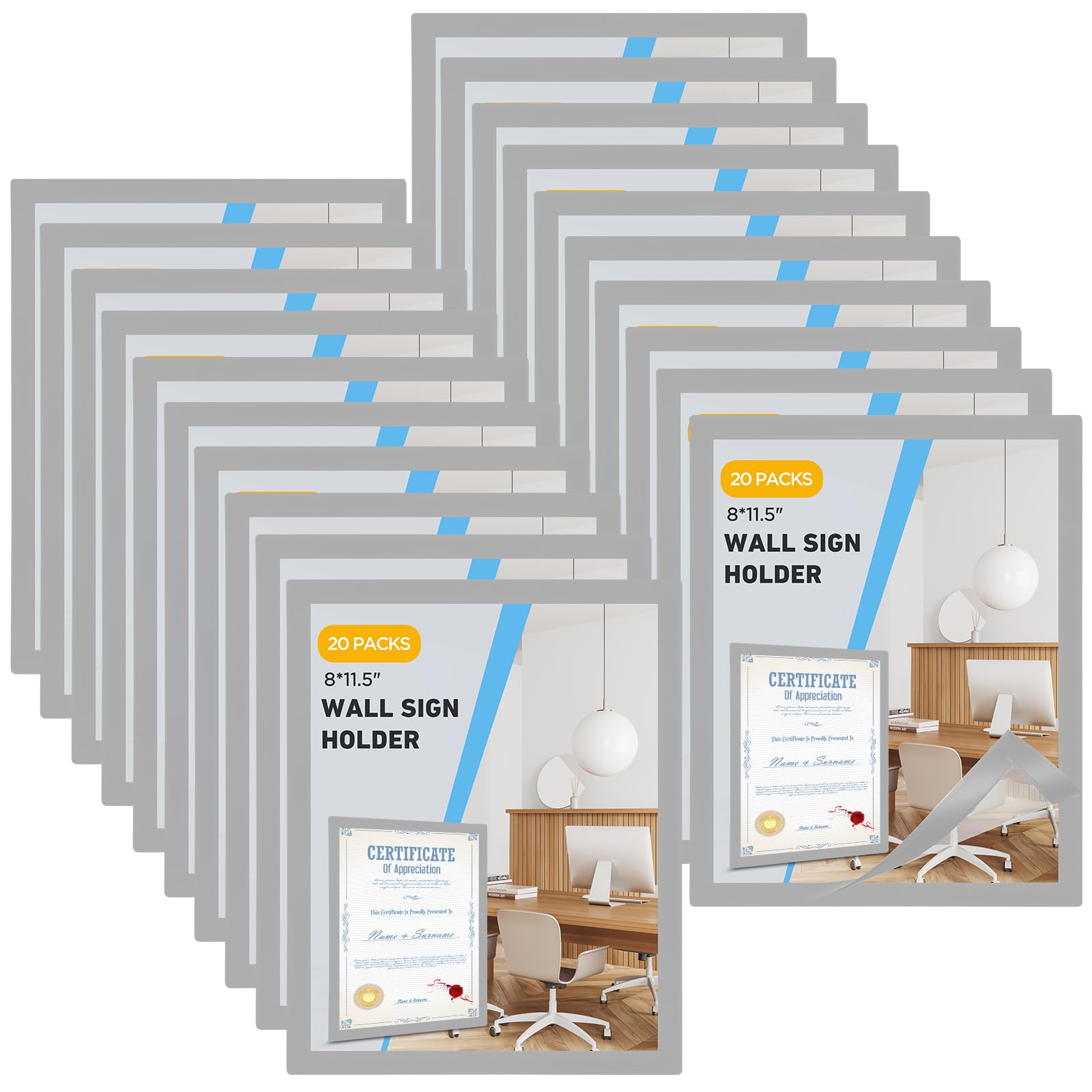 FACULX 20 Pack 8 x 11.5 inch Picture Frame Sign Holder, Self- Door Window Document Reusable Frames, Wall Glass Peel and Picture Frames (Silver)