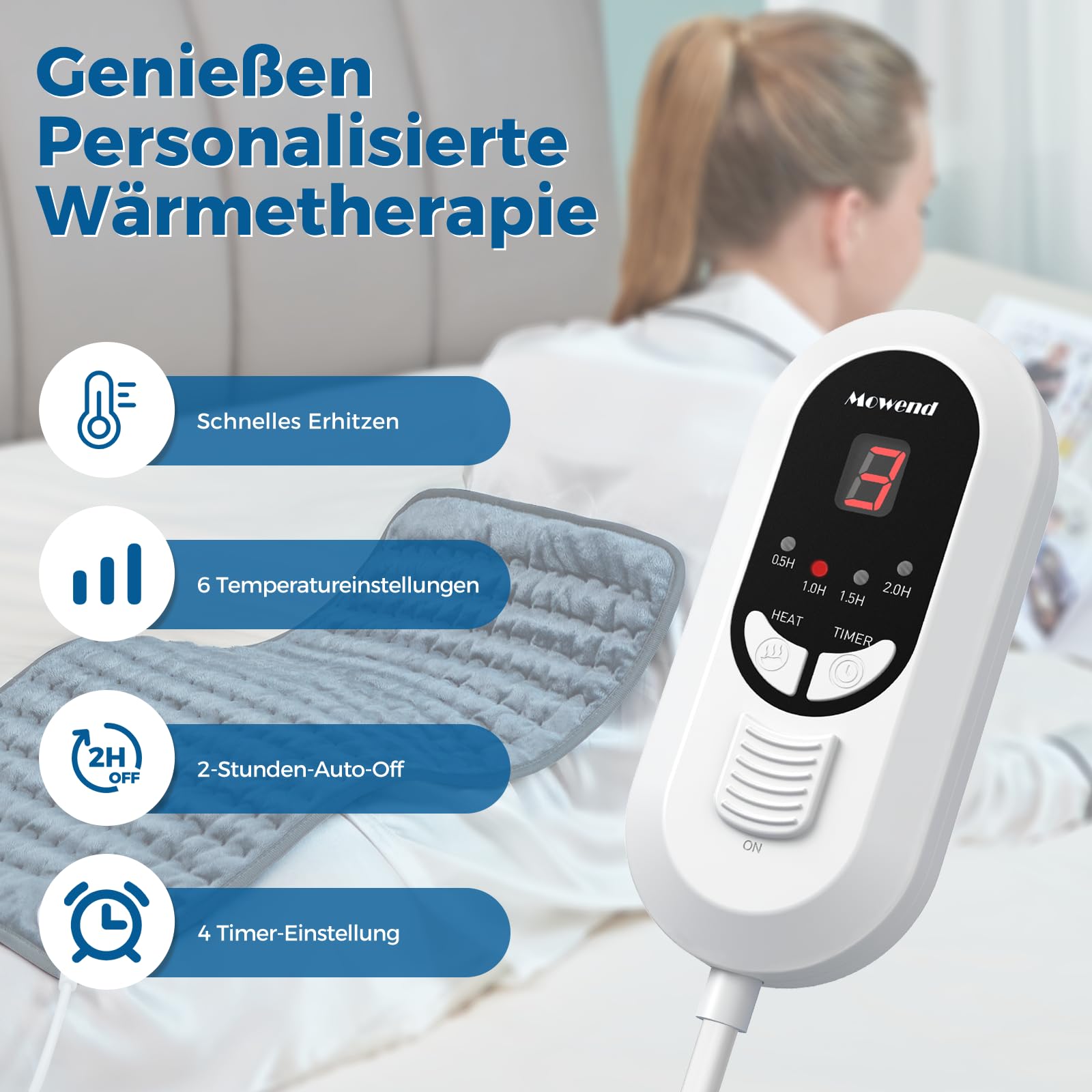Mowend Poduszka grzewcza z automatycznym wyłączaniem, elektryczna poduszka grzewcza z 6 ustawieniami ogrzewania, szybkie nagrzewanie i można prać w pralce, łagodzenie bólu, prezent dla żony, mamy