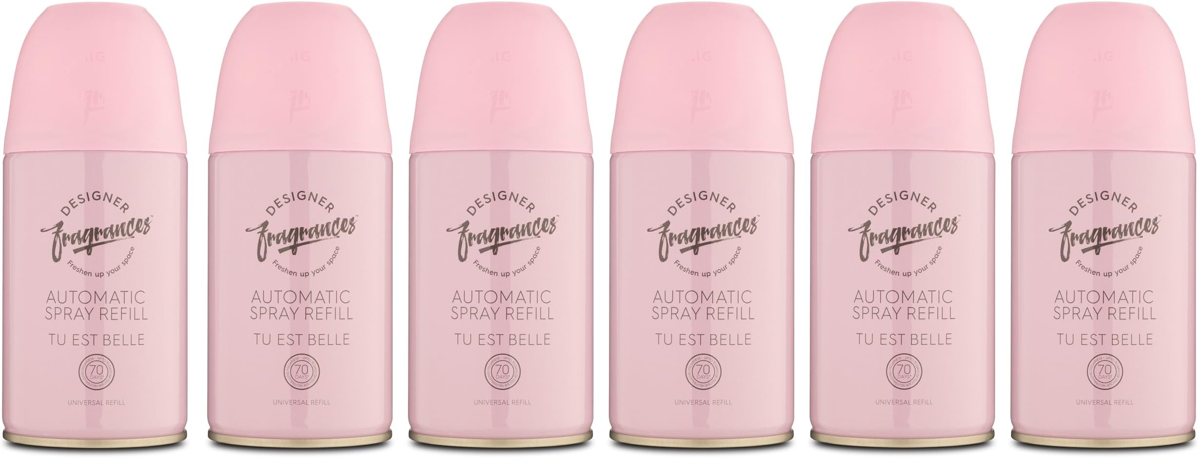 Designer Fragrances 6 Pack Tu Est Belle Automatic Room Spray Universal Refill Air Freshener Cans - For Home & Vehicles – Upto 70 Days of Luxury Lasting Smell - Deodorise & Neutralise Odours – 250ml