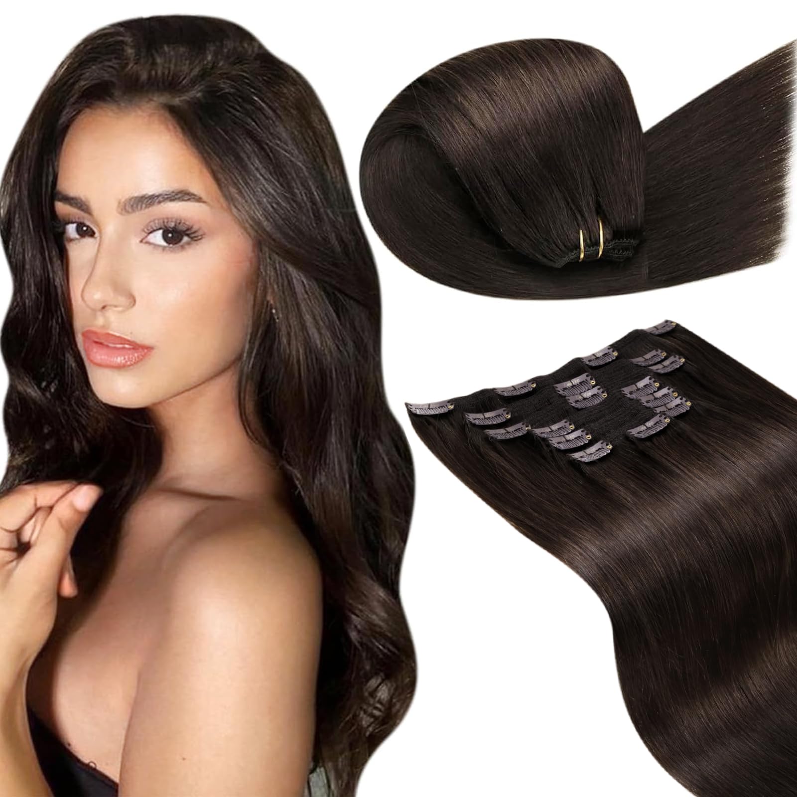 LaaVoo Clip in Hair Extensions Real Human Hair Dark Brown Hair Extensions Clip in 16 Inch 135g 7pcs Full Head Remy Straight Darkest Brown Hair Double Weft #2