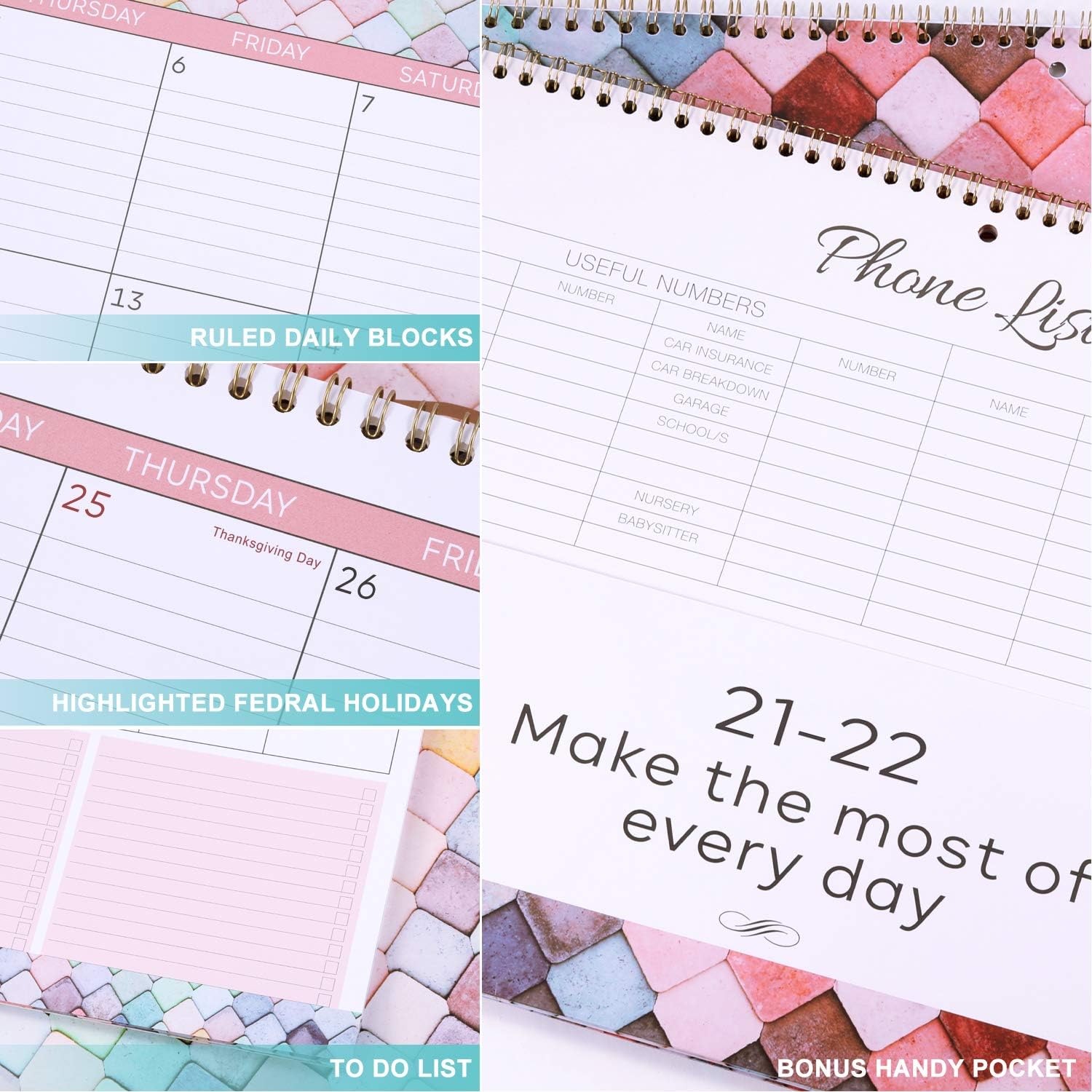 2022 Calendar - Wall Calendar 2022, Large Print Big Grid Wall Calendar 2022 with Colored Pattern, 12" x 23", Jan 2022 - Dec 2022, Big Grid Wall Calendar Organized