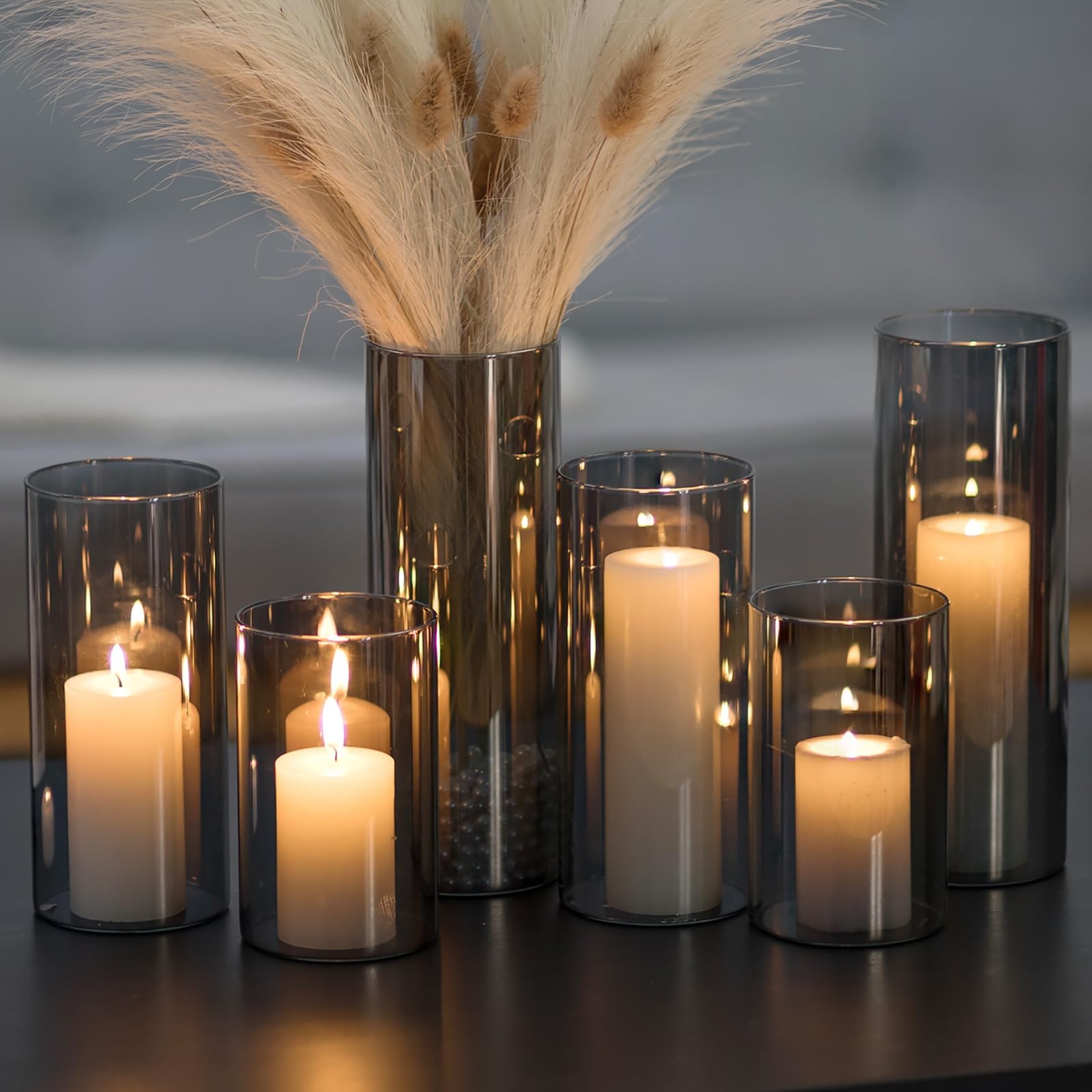 Glasseam Schwarz Windlicht Glas Kerzengläser Groß: 6er Set Kerzenglas | 14/19/24cm H, Glaszylinder Für 7.5cm Kerzenhalter Stumpenkerzen, Vase, Tischdeko, Hochzeit Wohnzimmer Deko