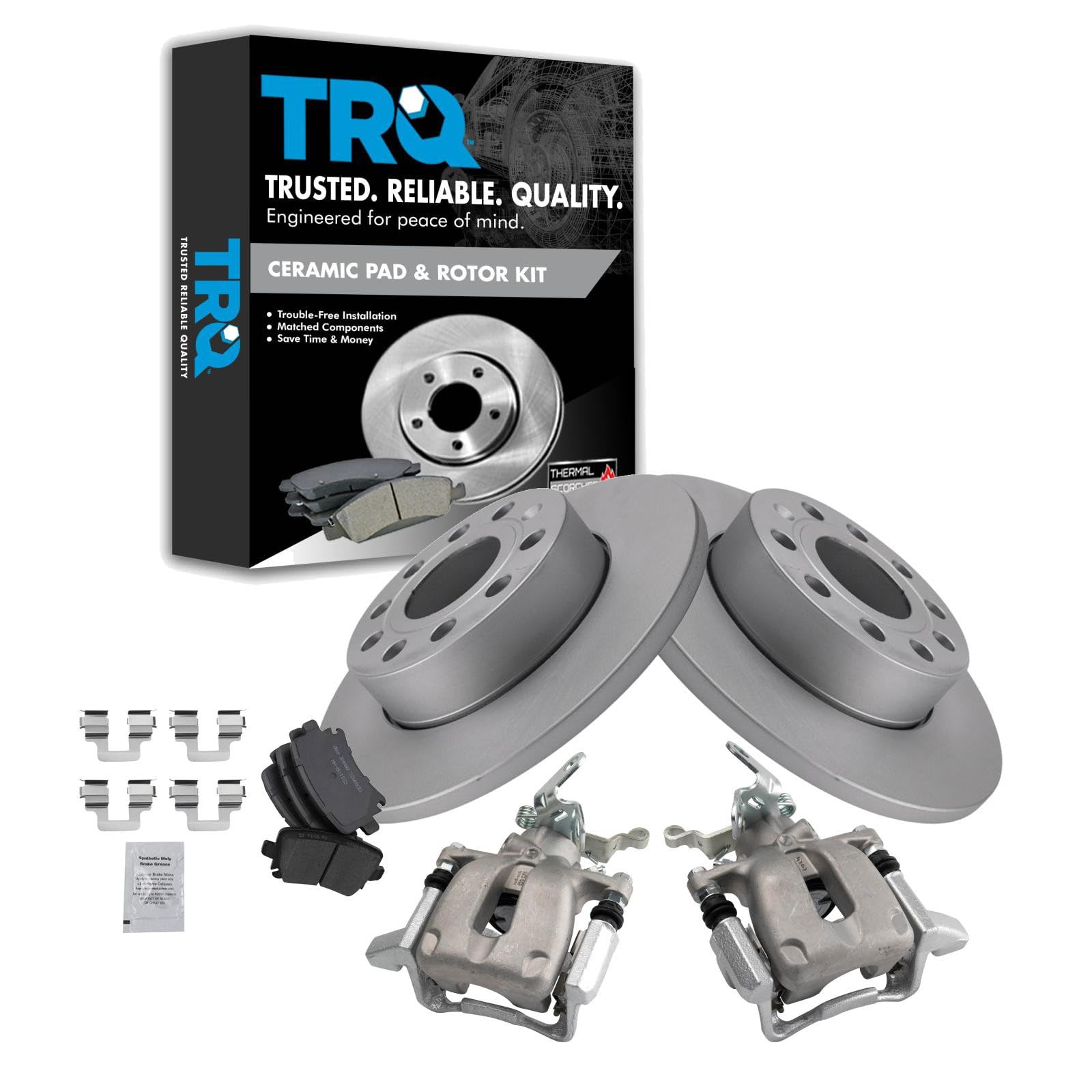 TRQ Rear Brake Pad and Rotor Set Ceramic Solid G Coated Rotors Calipers