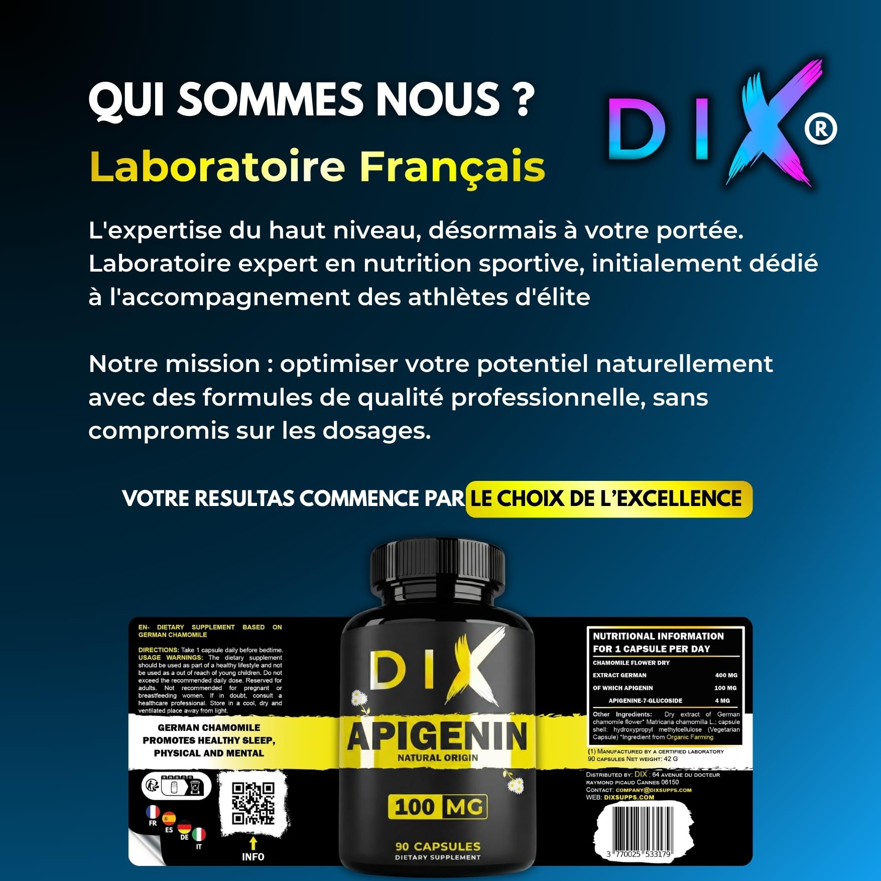 Apigénine Pure ✦ Extrait de Camomille ✦ Relaxation & Sommeil Réparateur ✦ Antioxydant & Longévité ✦ Boost le NAD+ ✦ 100% Naturel & Sans Additifs ✦ Société Française ✦