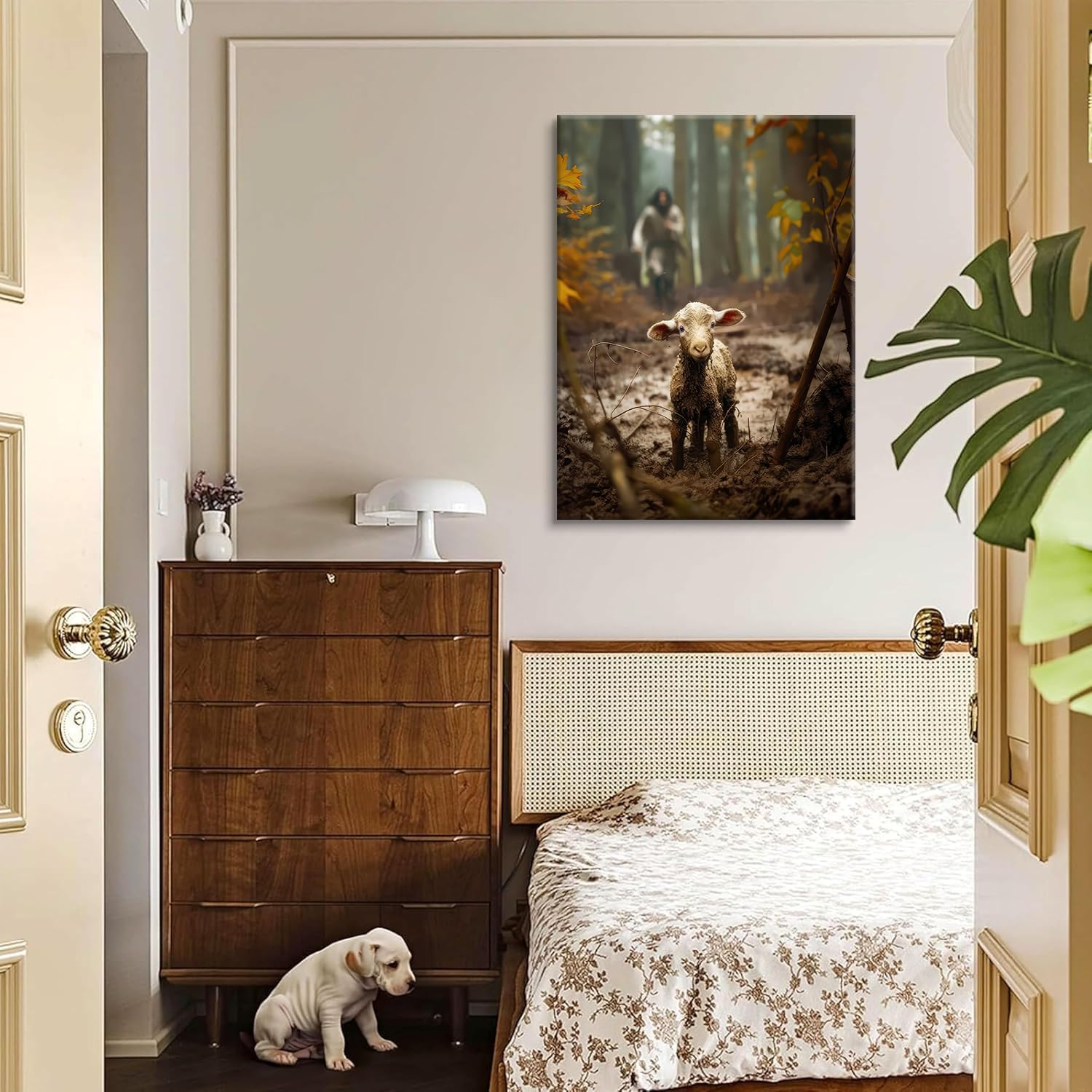 Jesus and Lamb Canvas Wall Art Jesus Running After Lost Sheep Wall Decor Christian Baptism gifts Lamb of God Painting Poster Print Artwork for Living Room Bedroom Church Decor 16X24 in canvas