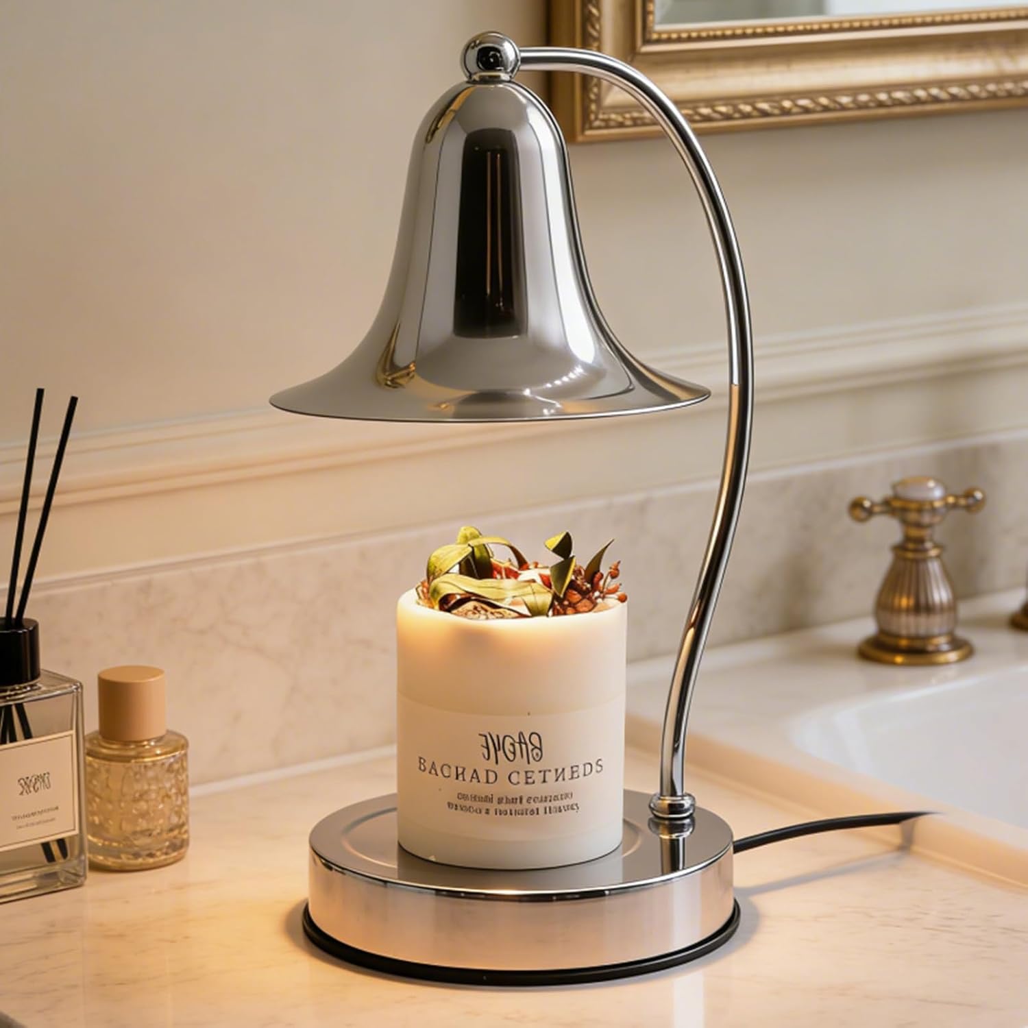Iron Candle Warmer Lamp with Timer & Dimmer, Bell Shade (Silver) | Elegant bell-shaped iron lamp with timer & dimmer. Modern decor lamp for bedroom, living room, or office.