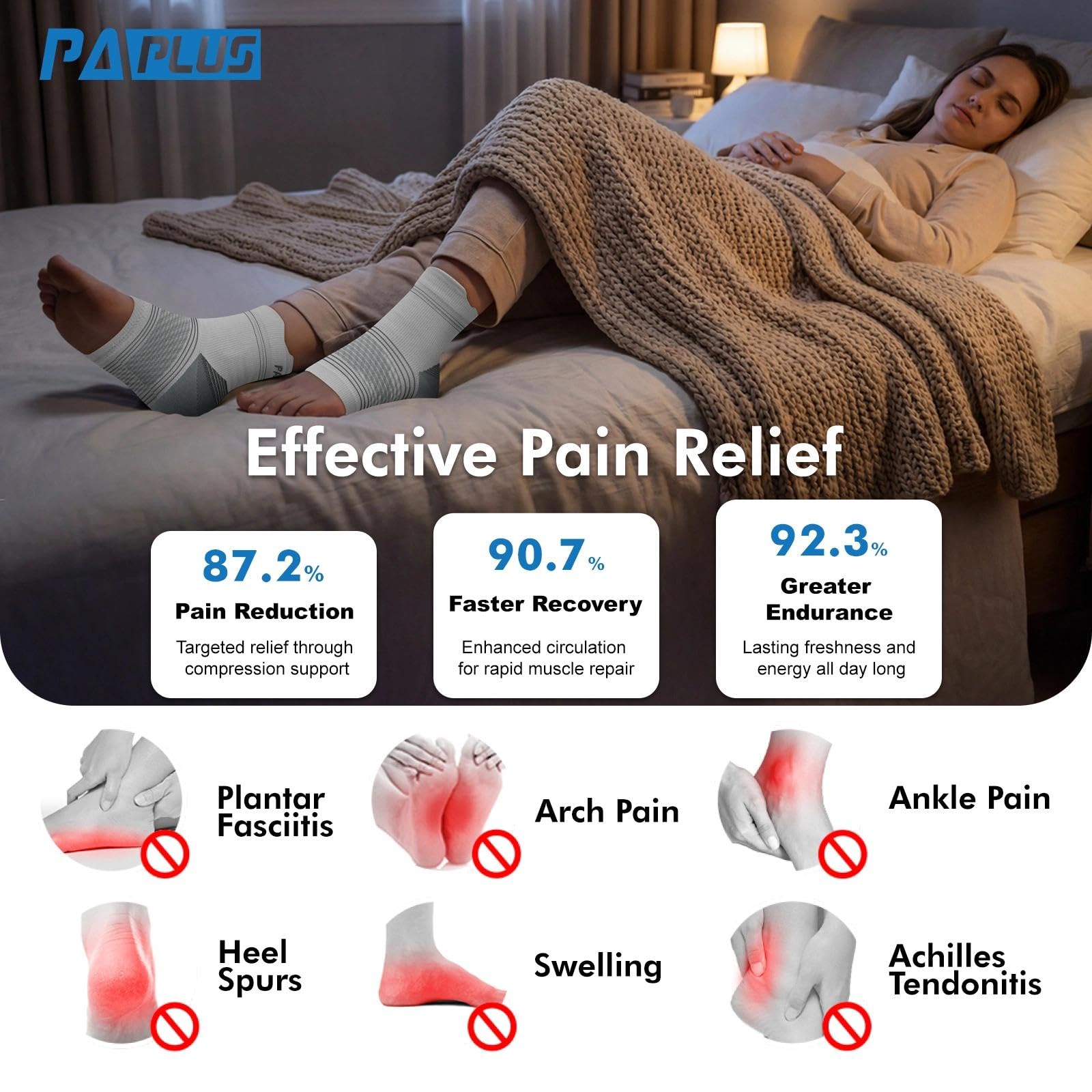 Calcetines para fascitis plantar (6 pares) para hombres y mujeres, mangas de compresión para pies con soporte de arco y tobillo (blanco, M)