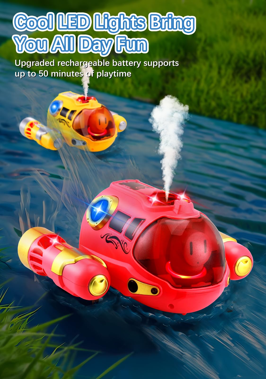 Barco Teledirigido Niños, Barco RC con Spray/luz de luz, Lancha Teledirigida con 2 Baterías Recargables, 2.4GHz RC Juguete Barco para Piscinas y Lagos, Regalo para niños y niñas